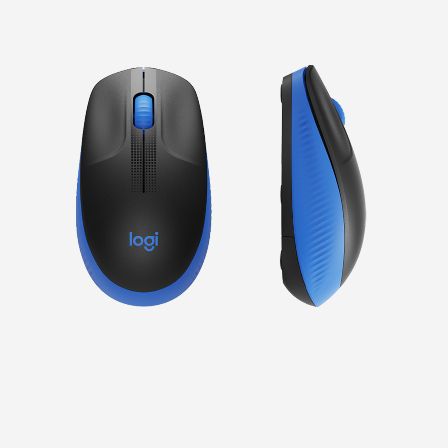 Schwarze und blaue Logitech-Maus, zwei Ansichten. Blaues Scrollrad und seitliche Akzente sichtbar.
