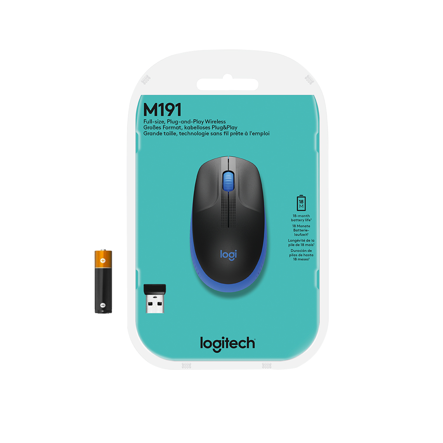 Maus in Einzelhandelsverpackung mit Batterie und USB-Empfänger.