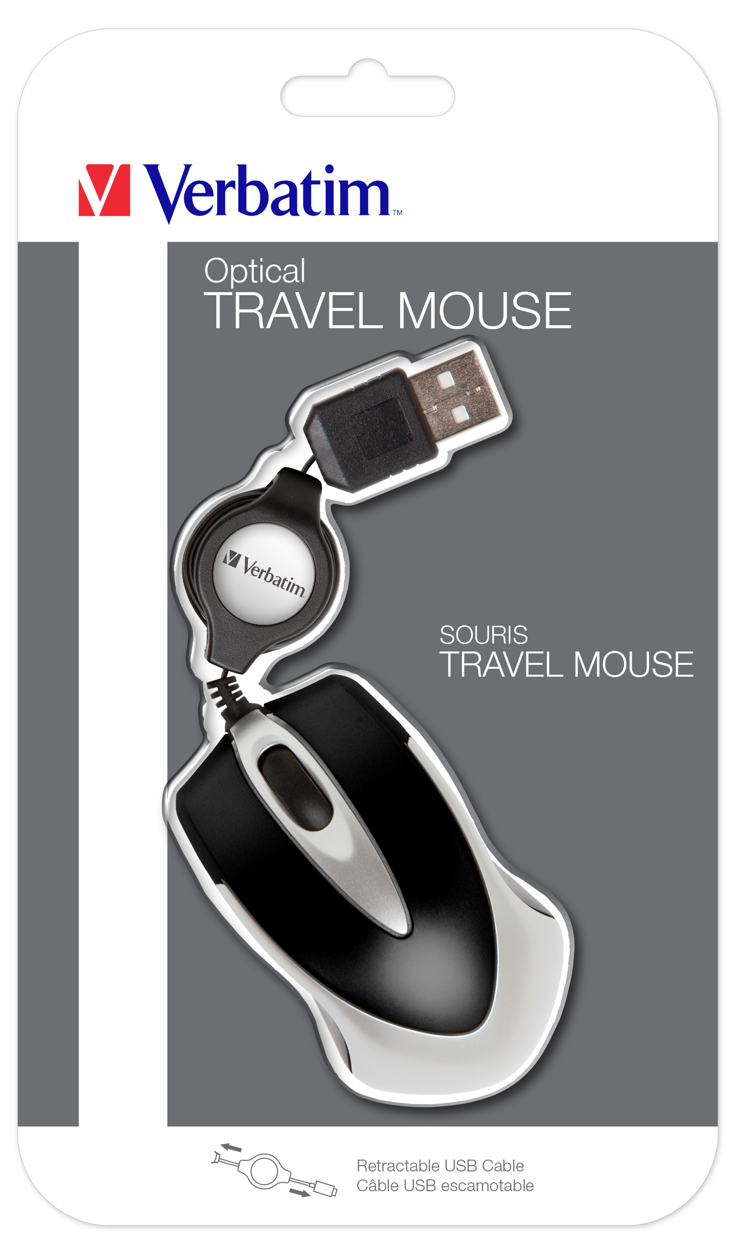 Eine Verbatim optische Reisemaus in ihrer Verpackung, mit einem einziehbaren USB-Kabel.