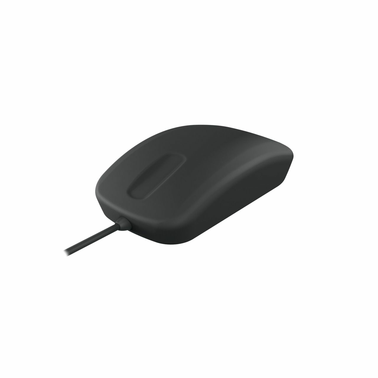 Souris d'ordinateur noire avec un cordon. La souris a un design standard et une finition lisse et mate.