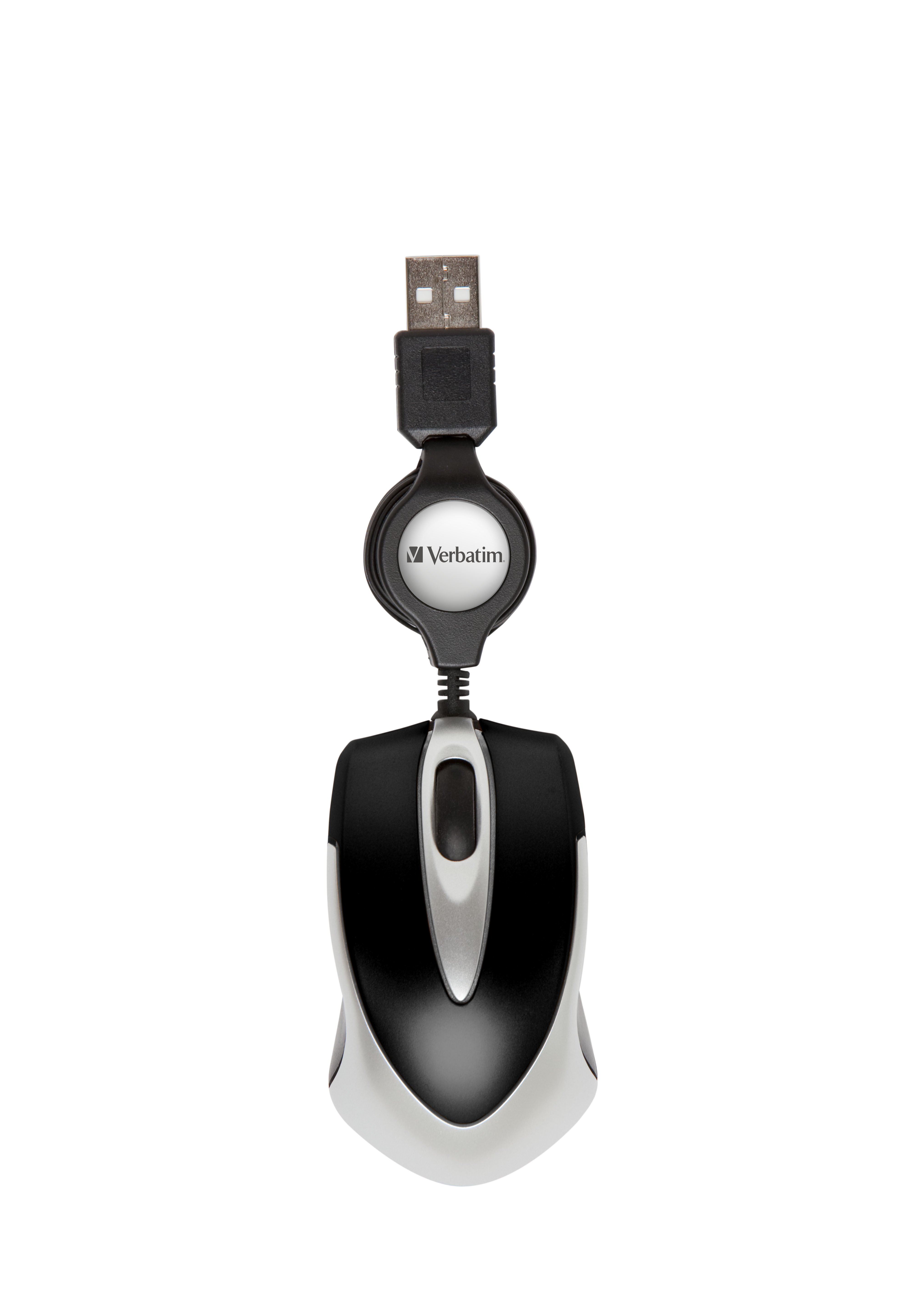 Schwarze und silberne Maus mit USB-Kabel. Die Maus ist klein und hat ein einziehbares Kabel.
