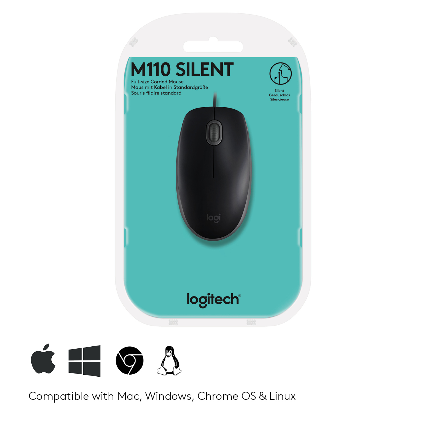 Czarna mysz Logitech M110 silent w opakowaniu, z logo kompatybilności na dole.