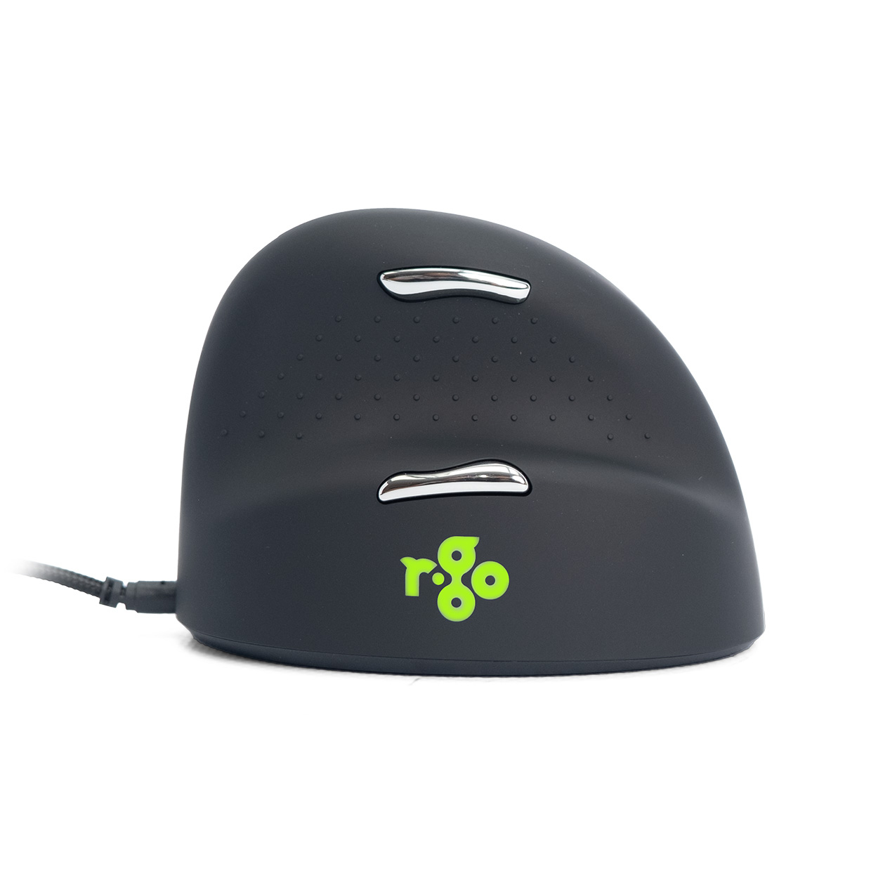Schwarze ergonomische Maus mit grünem Logo. Sie hat ein angewinkeltes Design und eine strukturierte Oberfläche.