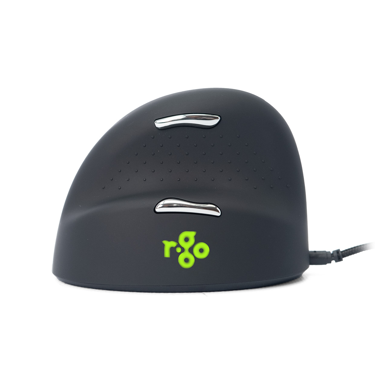 Eine ergonomische r-go Maus. Sie ist grau mit silbernen Knöpfen und einem grünen Logo.