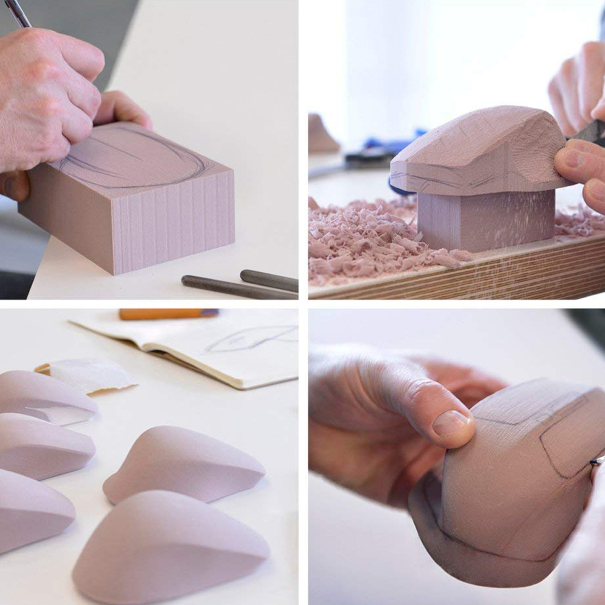 Vier afbeeldingen tonen het proces van het ontwerpen van een product: het snijden van een model en het verfijnen ervan.