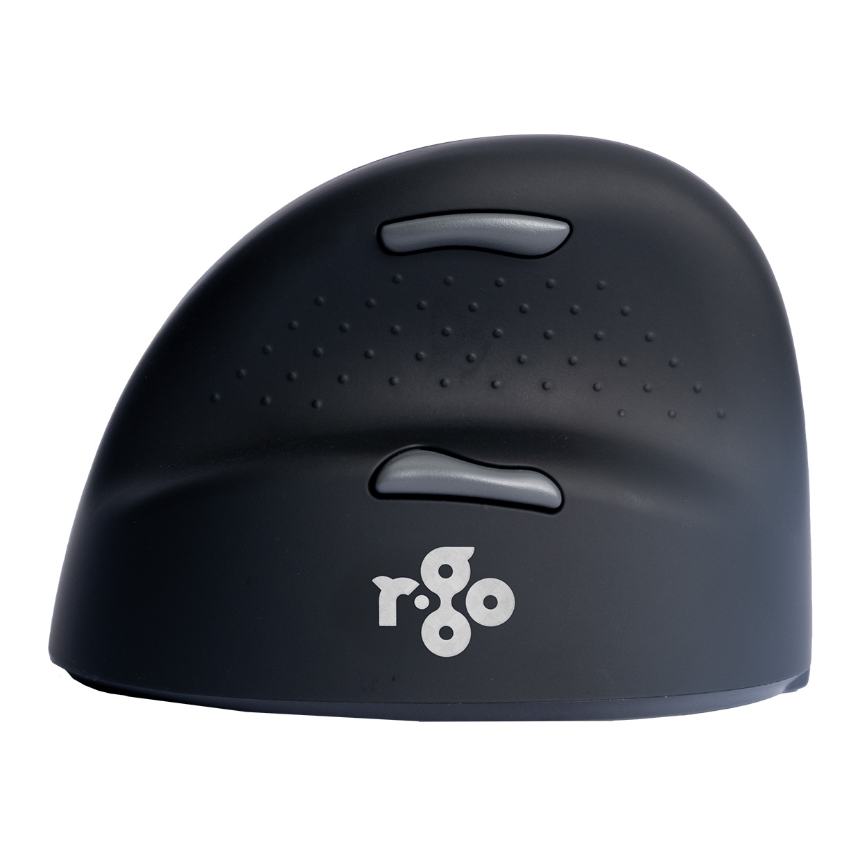 Eine schwarze ergonomische Maus mit Tasten und einem weißen Logo.