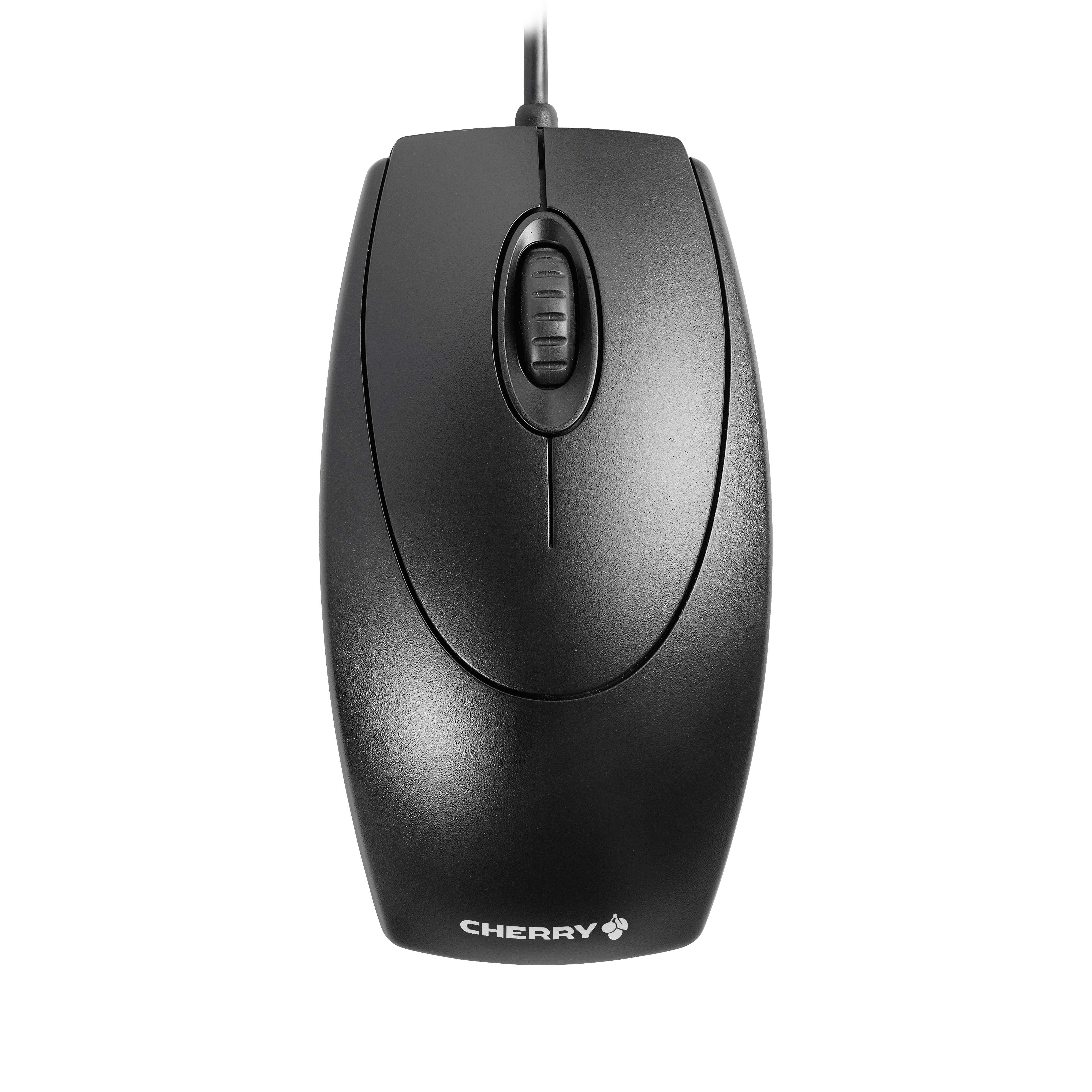 Zwarte Cherry-muis met scrollwiel en snoer, op een witte achtergrond.