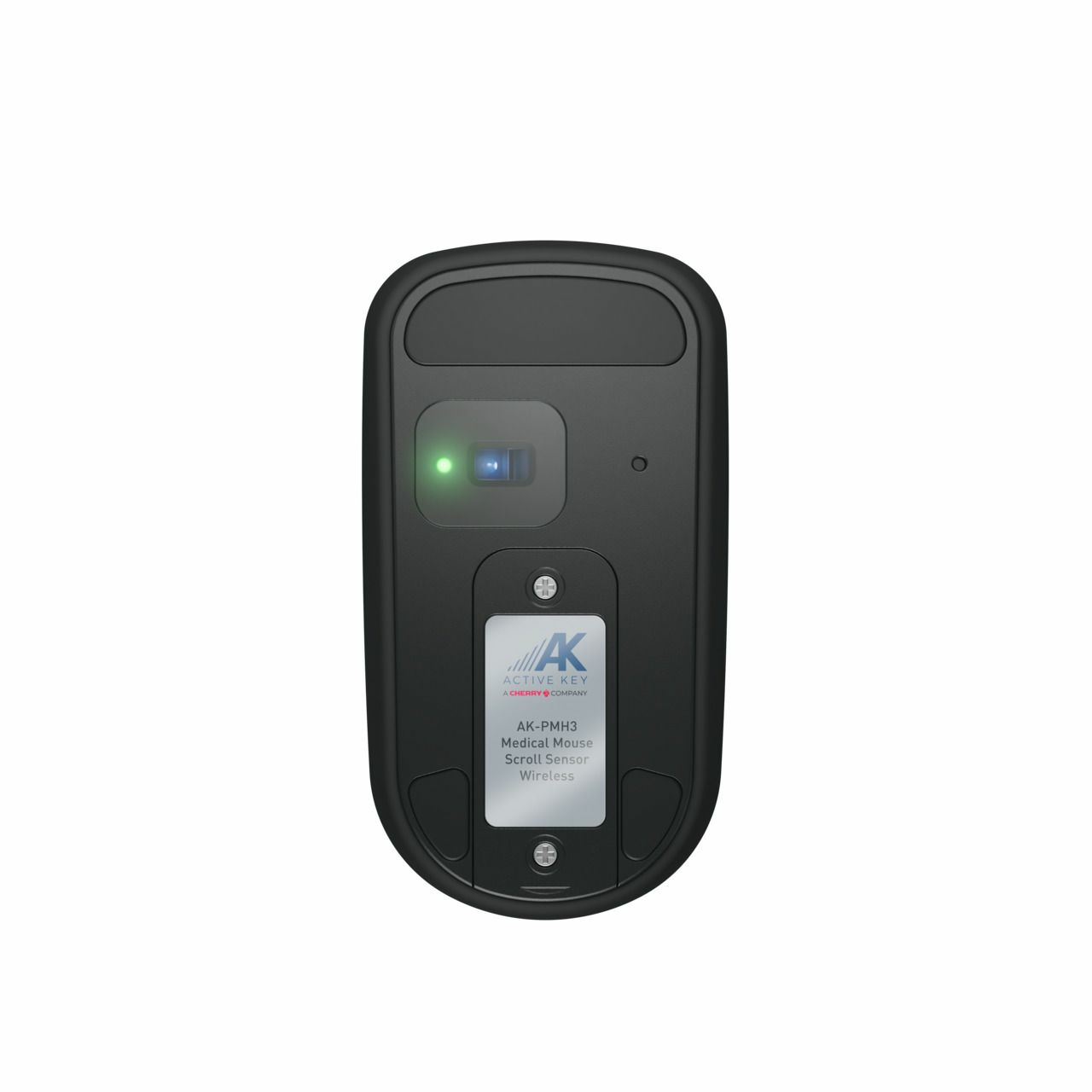 Die Unterseite einer schwarzen Maus mit grünem Licht, beschriftet AK-PMH3 Medical Mouse Wireless.