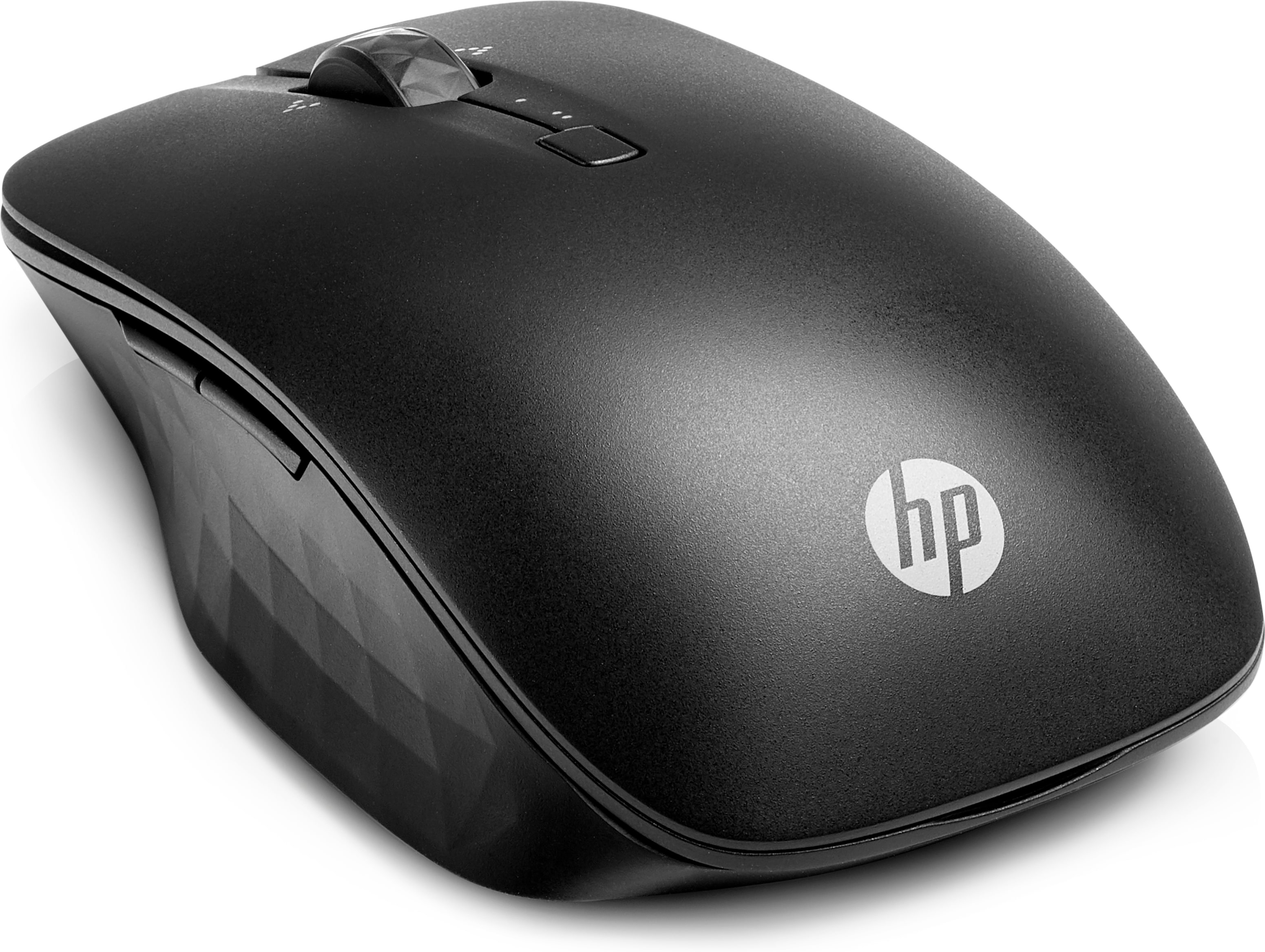 Mouse nero con rotella di scorrimento e logo HP su sfondo bianco, con lato testurizzato.