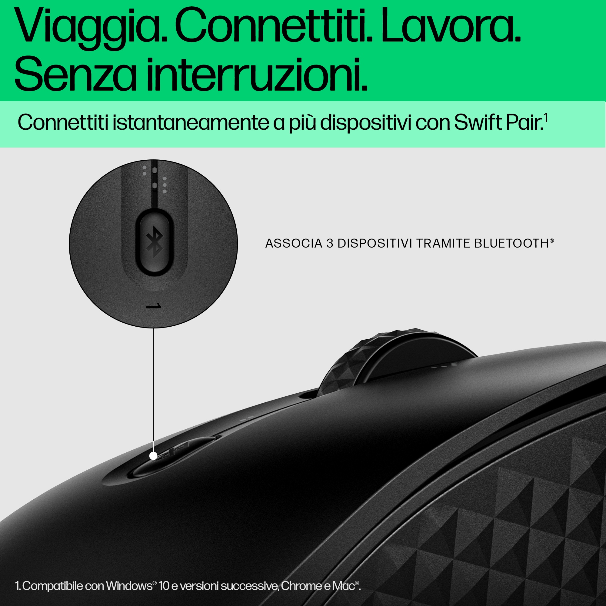 Czarna mysz z przyciskami i kółkiem przewijania. Tekst po włosku. Szczegół przycisku parowania Bluetooth.