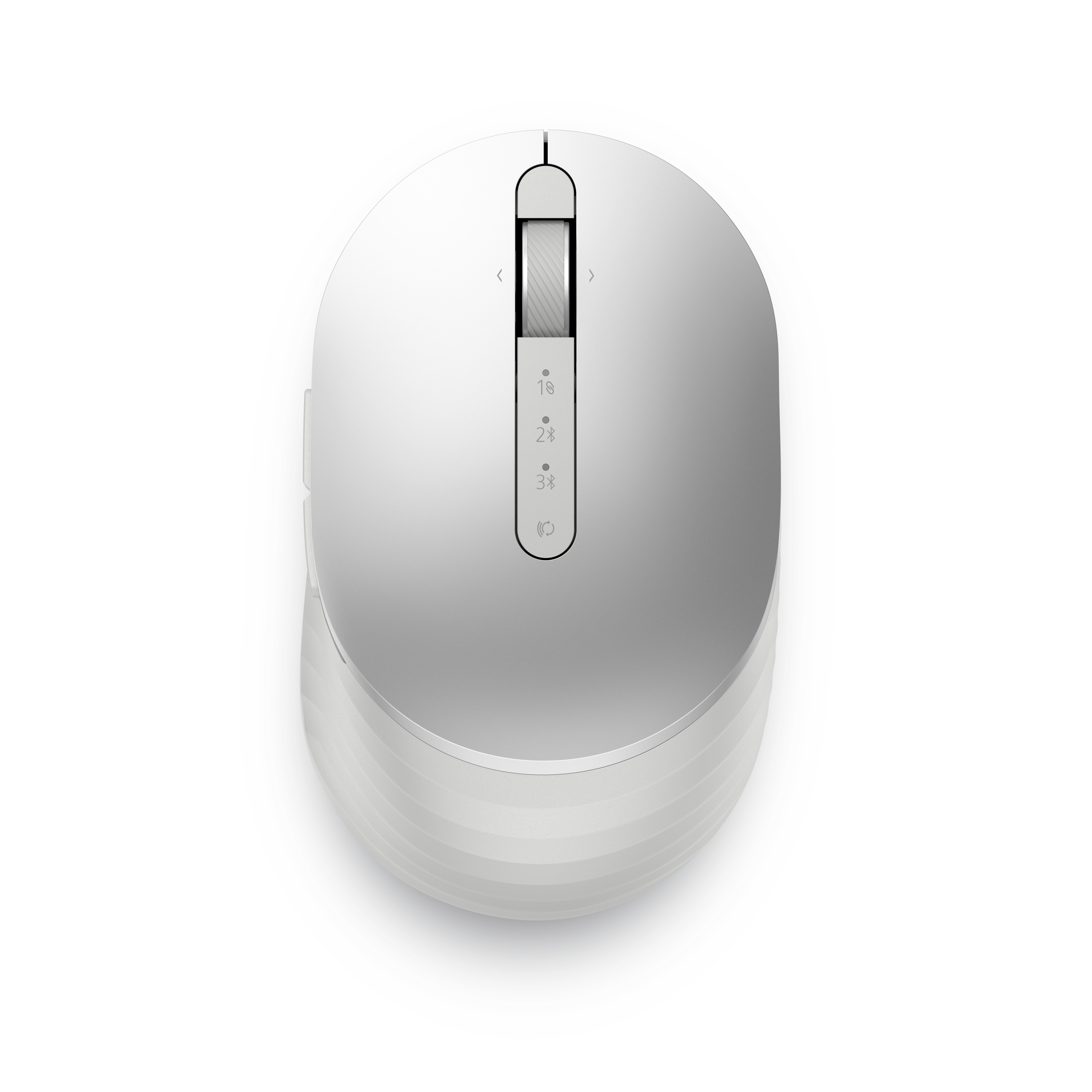 Bovenaanzicht van een zilver-witte computermuis met scrollwiel en knoppen.
