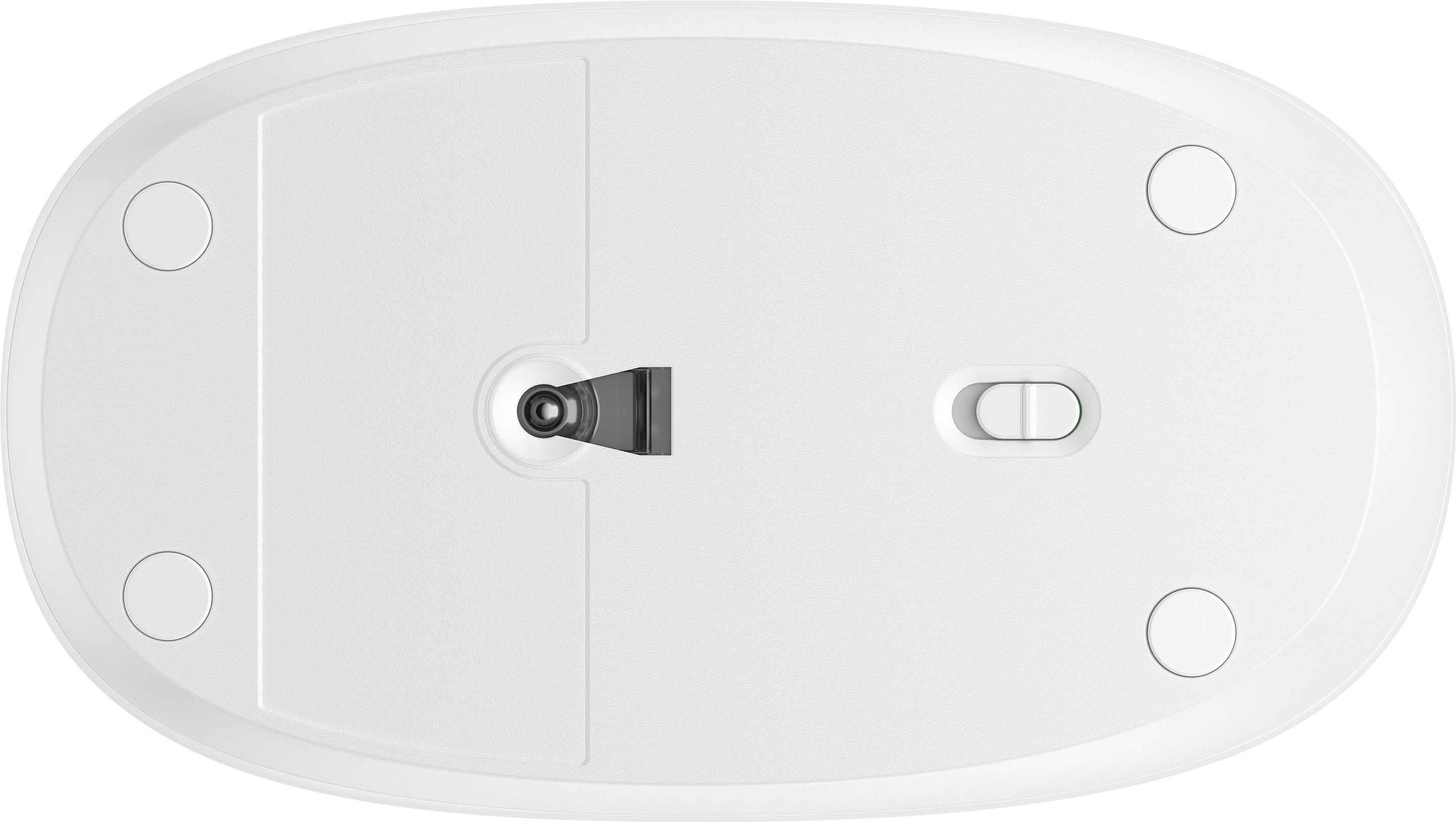 Biały spód myszy komputerowej, pokazujący czujnik, przełącznik i nóżki.