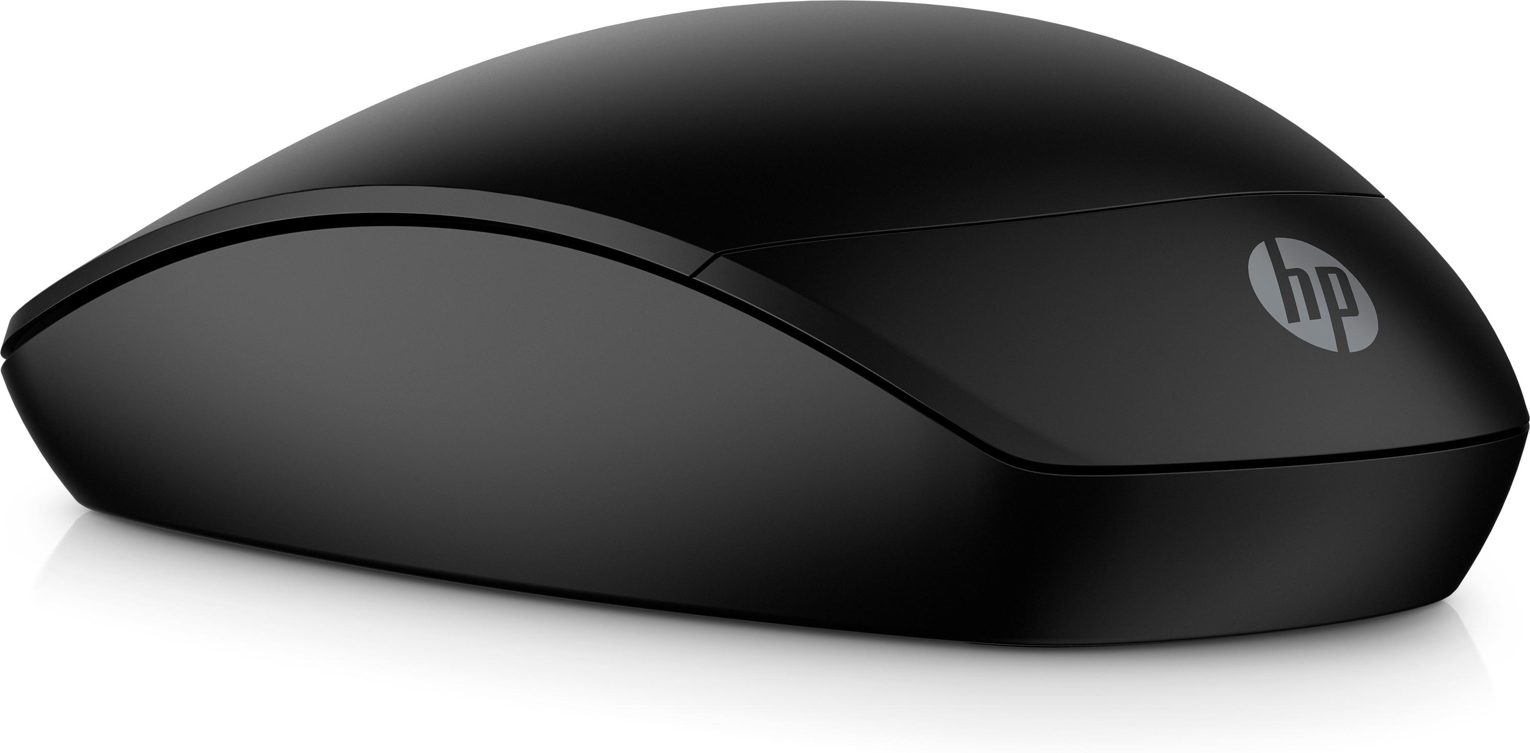 Une souris HP noire. Elle est ergonomique et a un design simple.