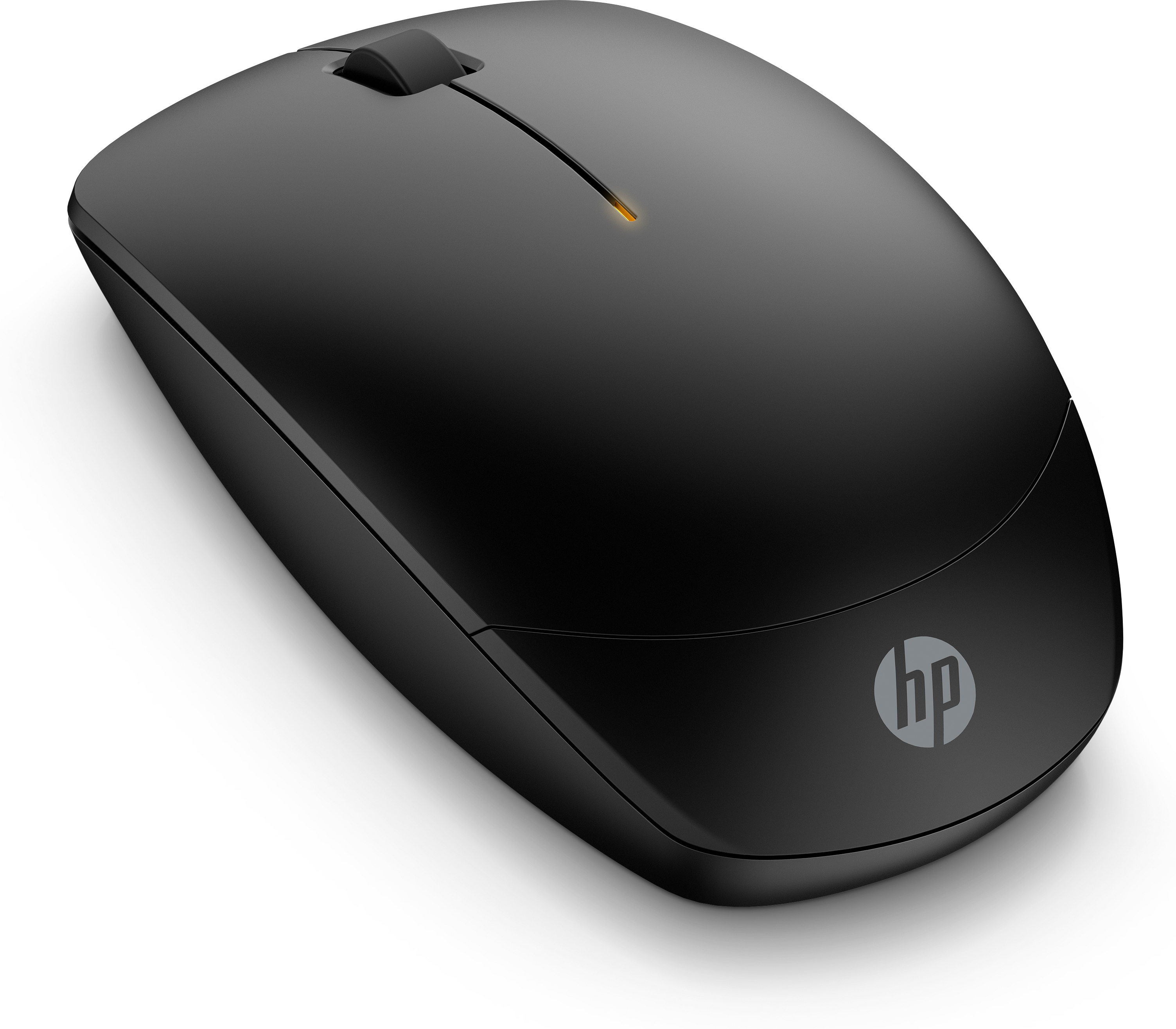 Une souris sans fil noire avec une molette de défilement. Un fond blanc.