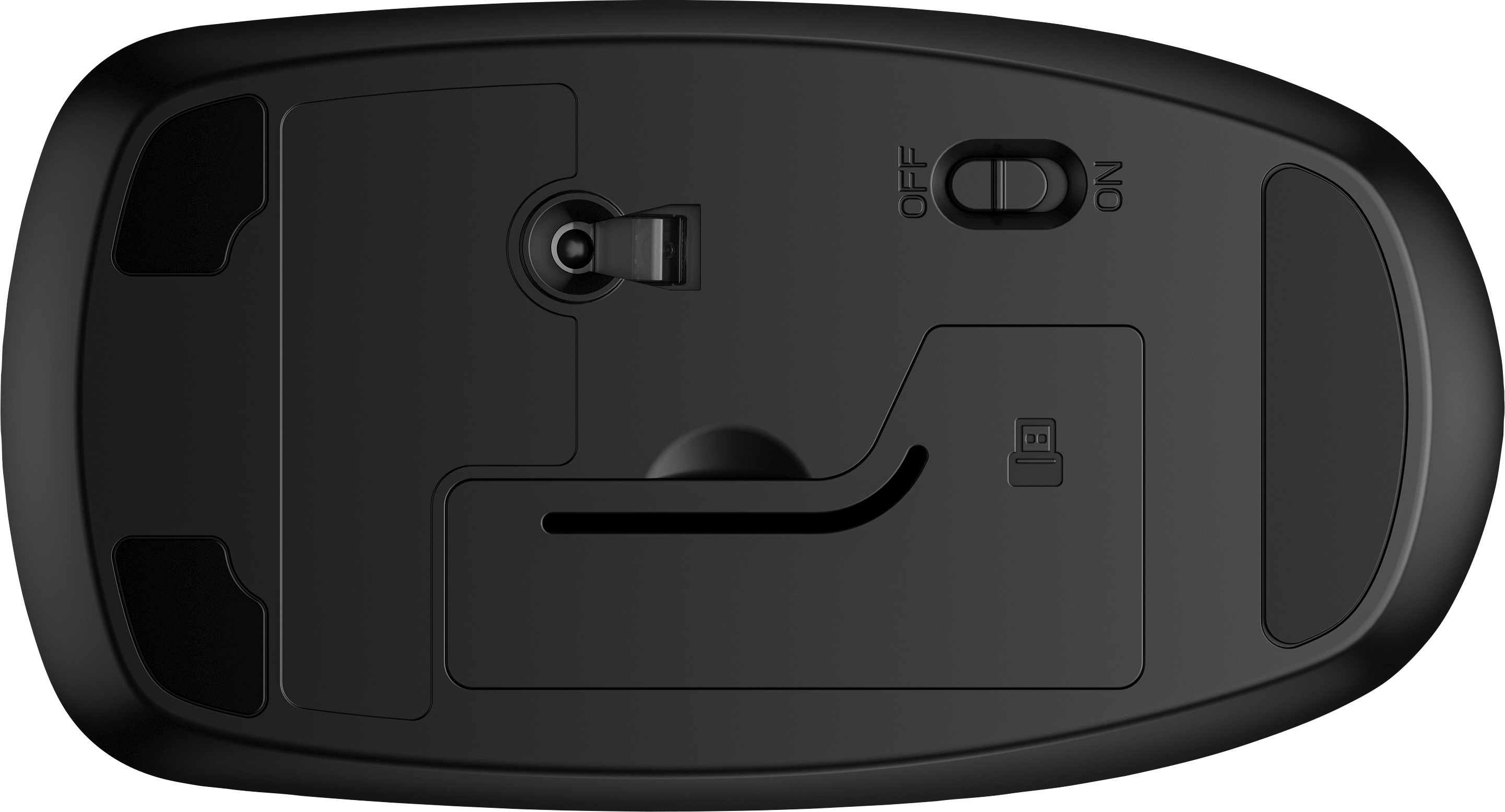 Vue de dessous d'une souris noire, montrant le compartiment de la batterie, l'interrupteur marche/arrêt et d'autres composants.