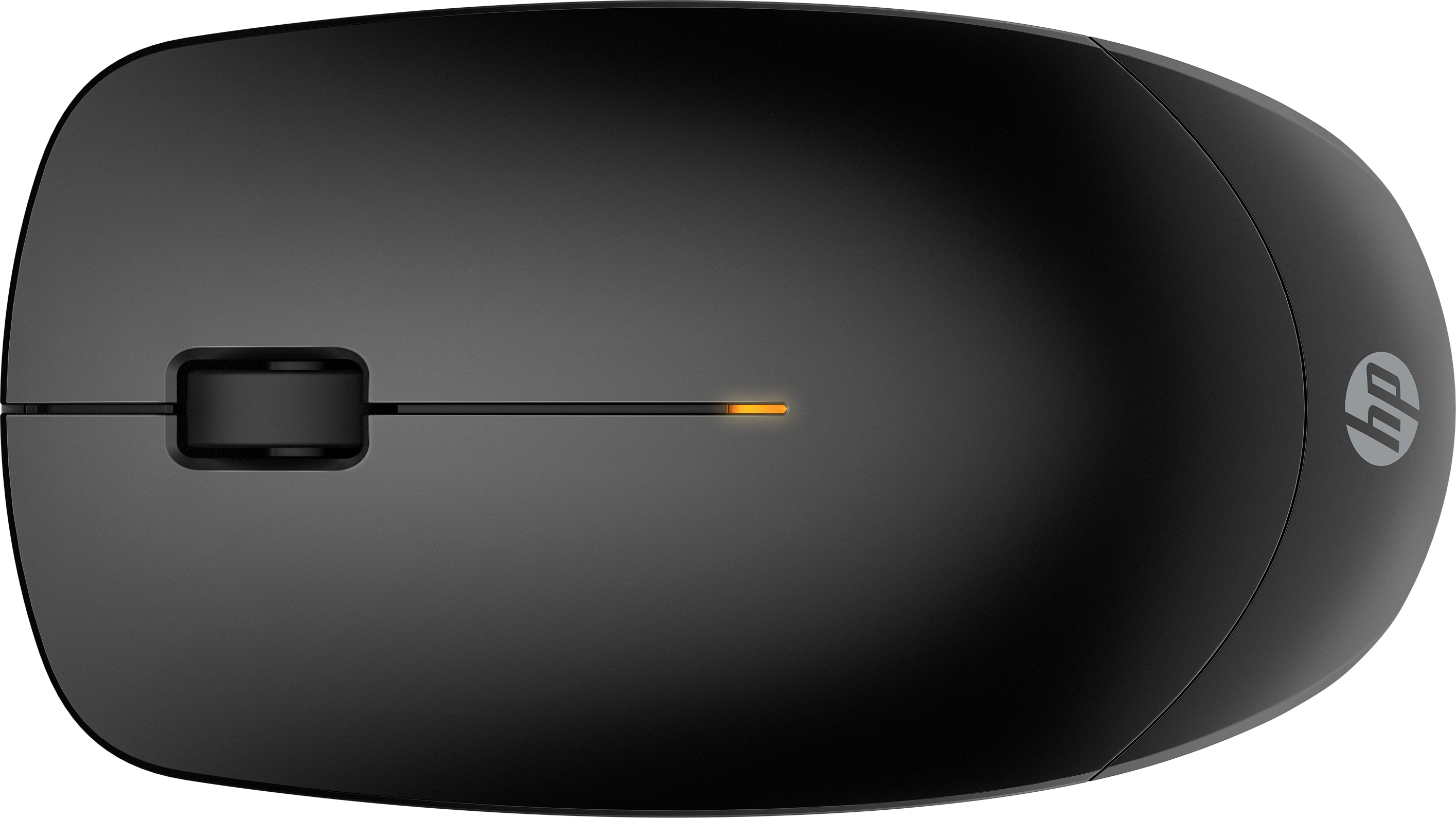 Une souris sans fil HP noire avec une subtile lumière indicatrice orange sur le dessus.