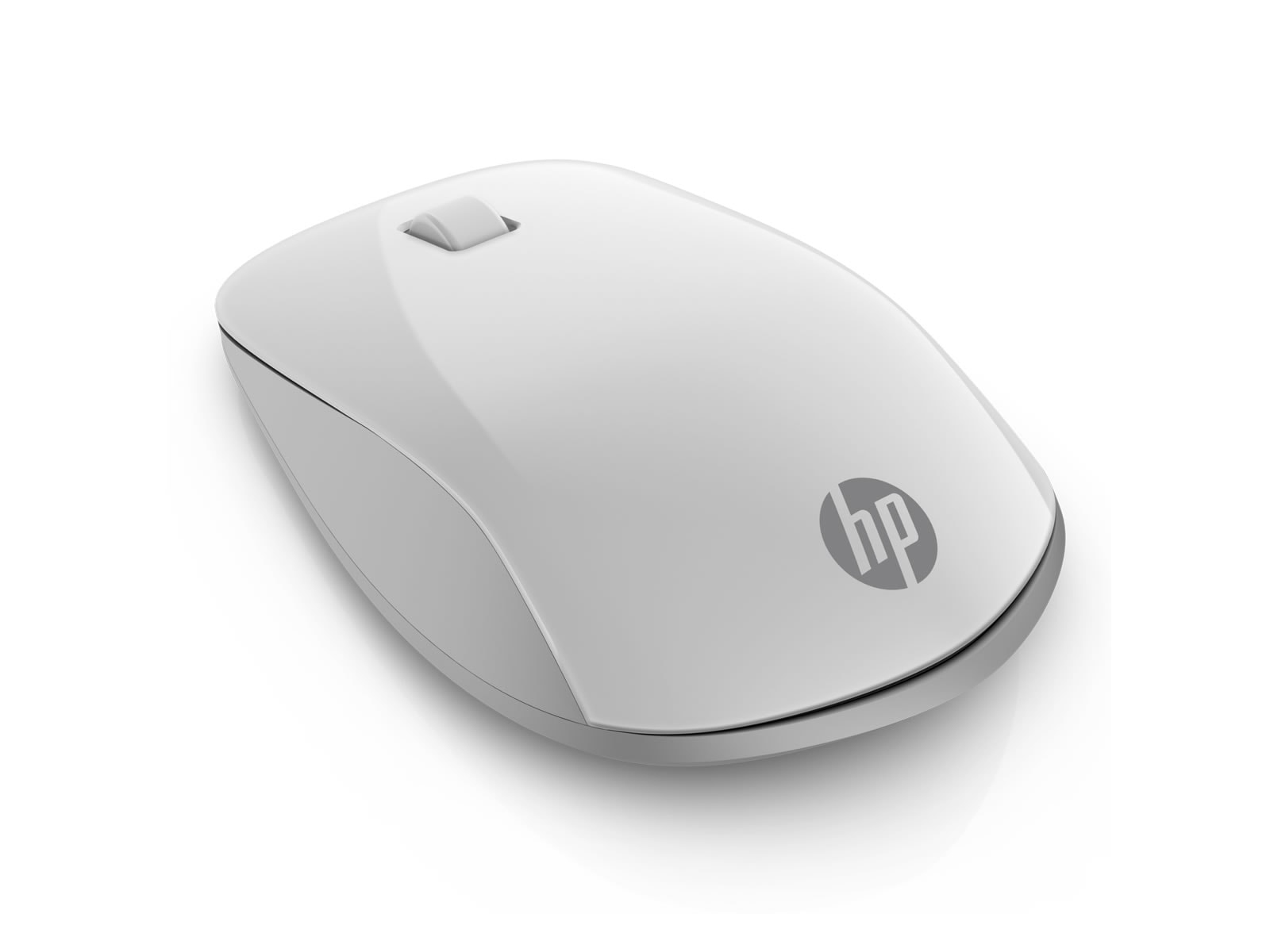 Weiße HP-Maus mit silberner Umrandung und Logo auf weißem Hintergrund.