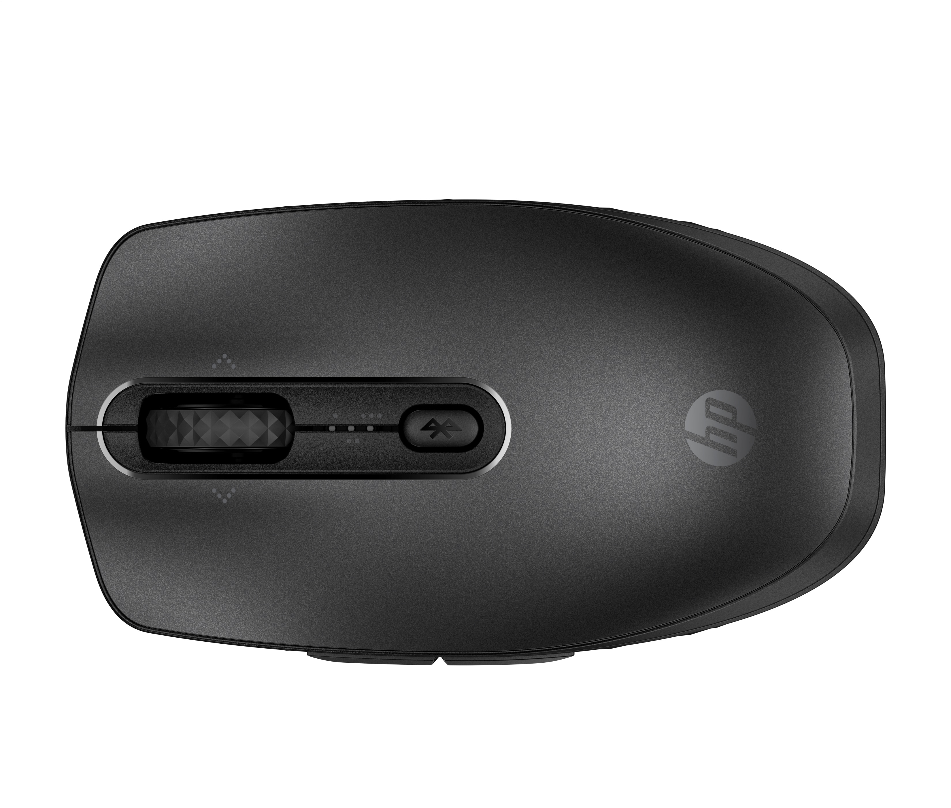 Zwarte computermuis met scrollwiel, Bluetooth en HP logo.