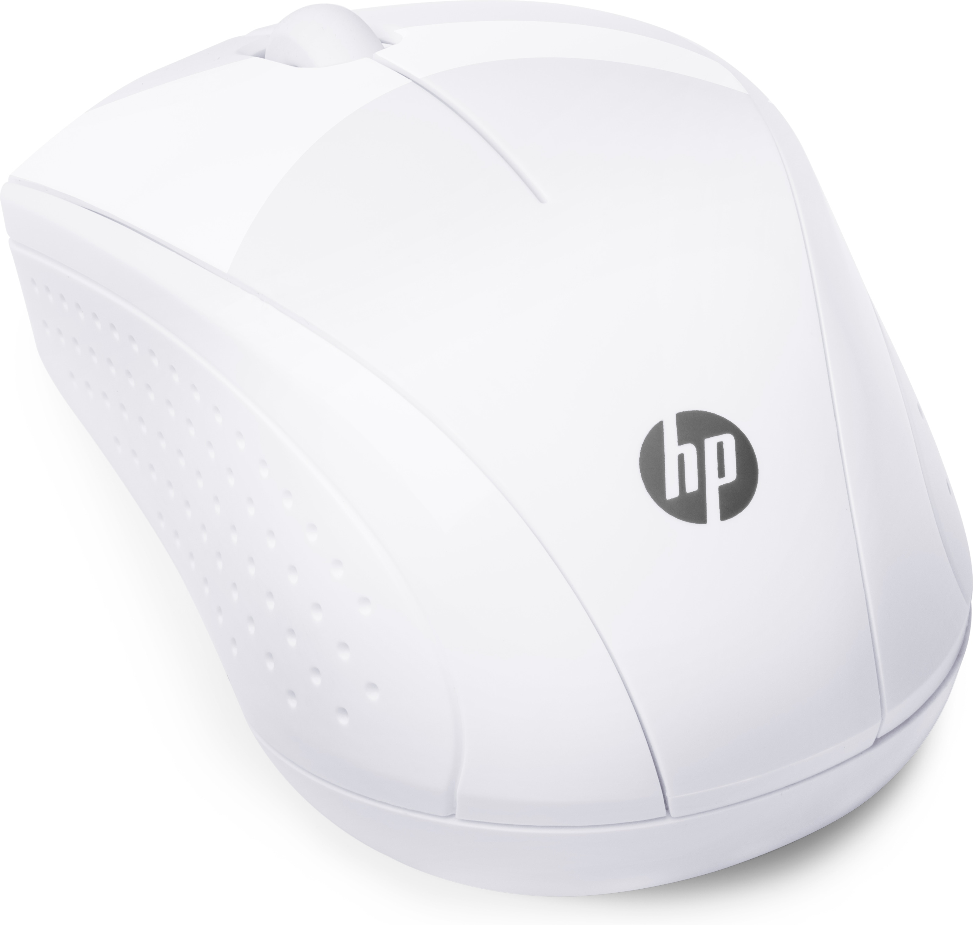 Mouse HP bianco su sfondo bianco. Logo visibile.