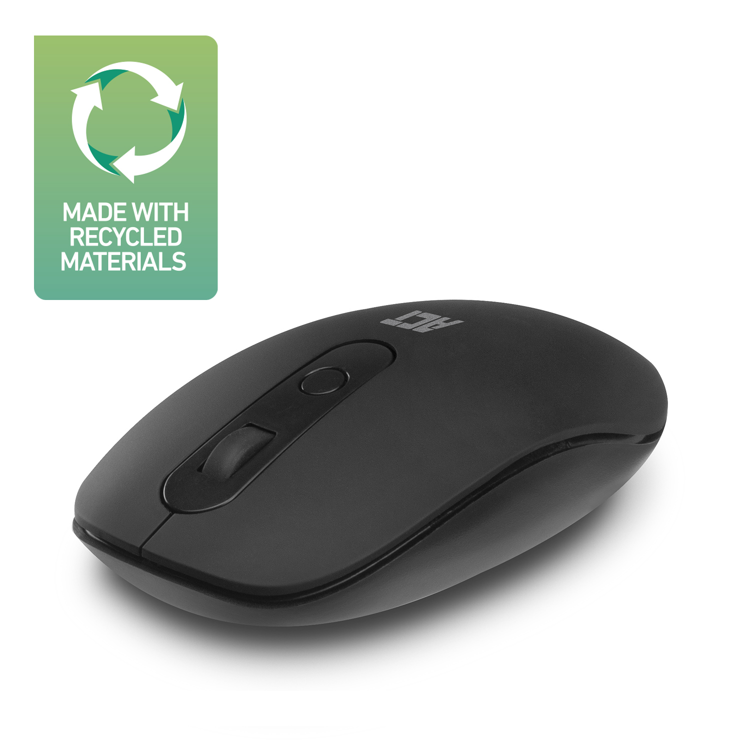 Black computer mouse with recycle logo. White background.