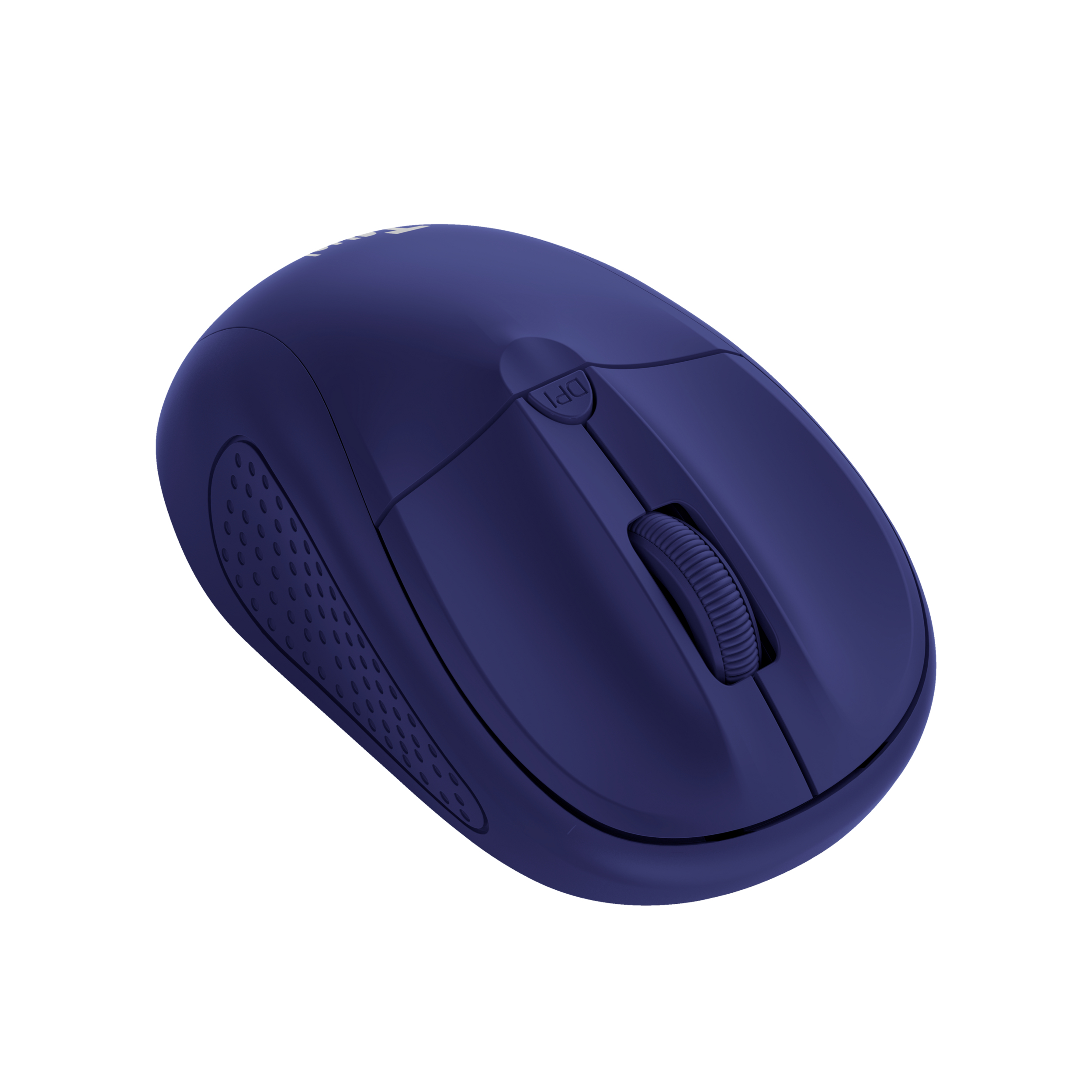 Souris d'ordinateur bleue avec molette et boutons, isolée sur fond blanc.