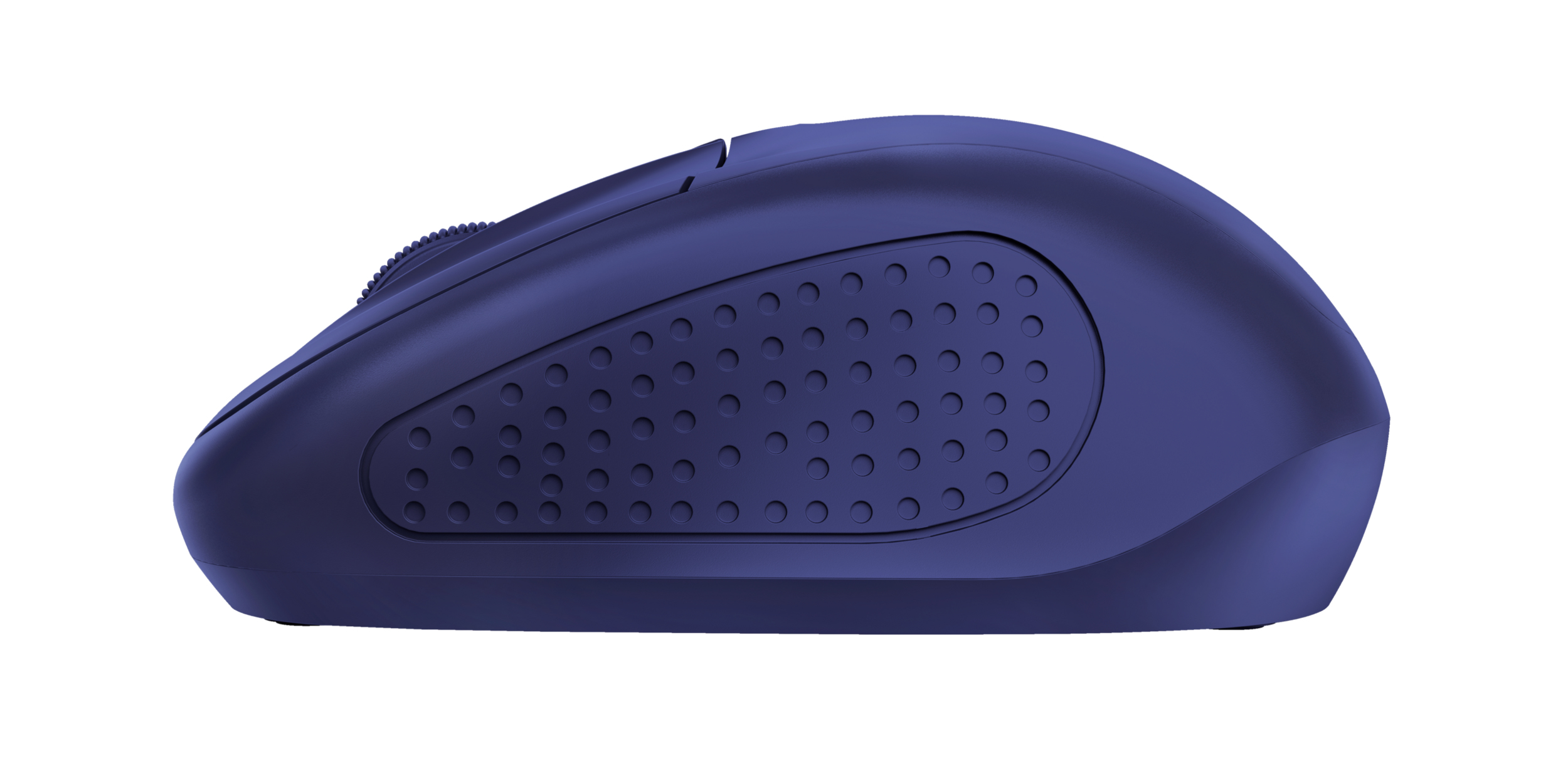 Vue latérale d'une souris bleu foncé avec une zone de préhension texturée.