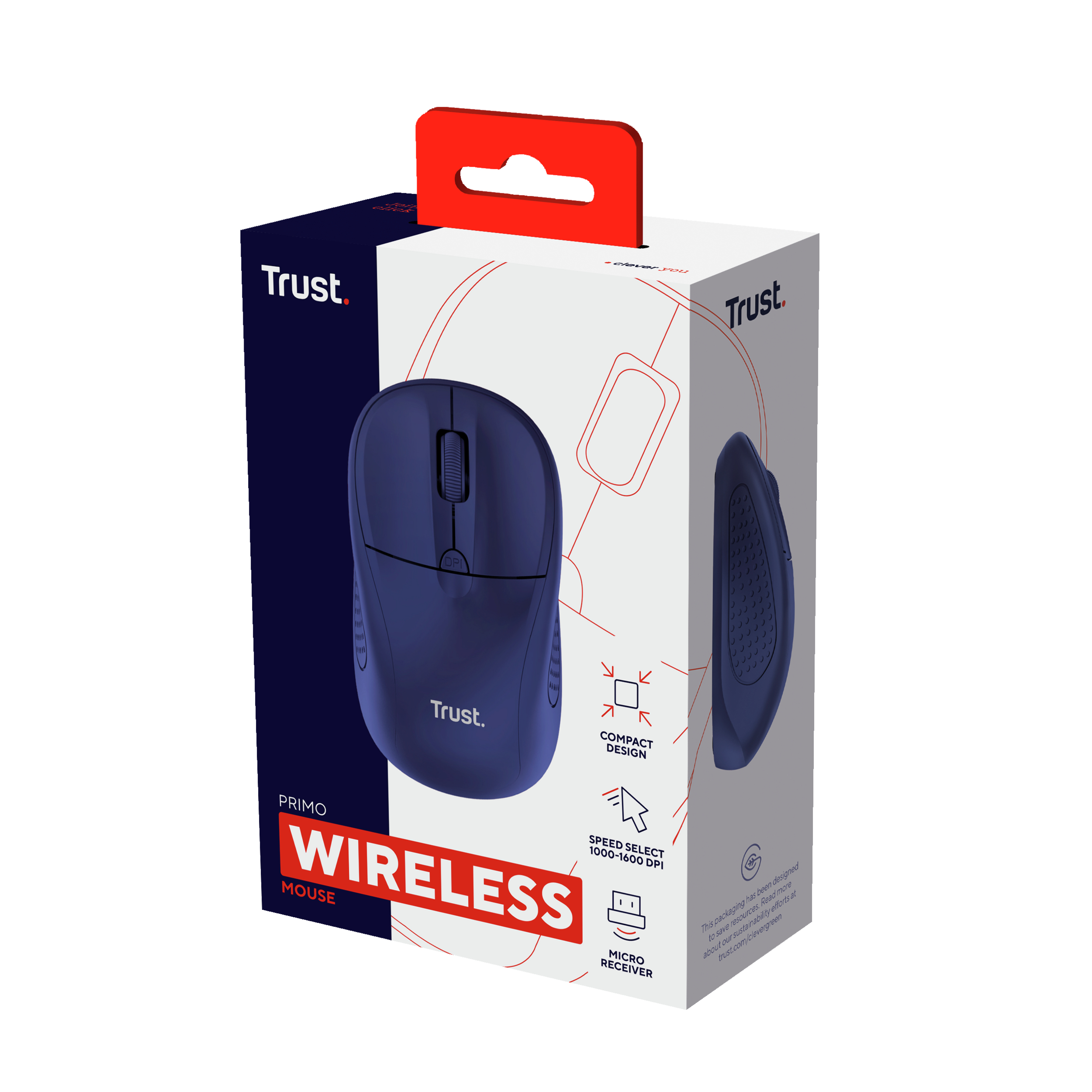 Boîte d'une souris sans fil bleue. La boîte montre la souris et ses fonctionnalités.