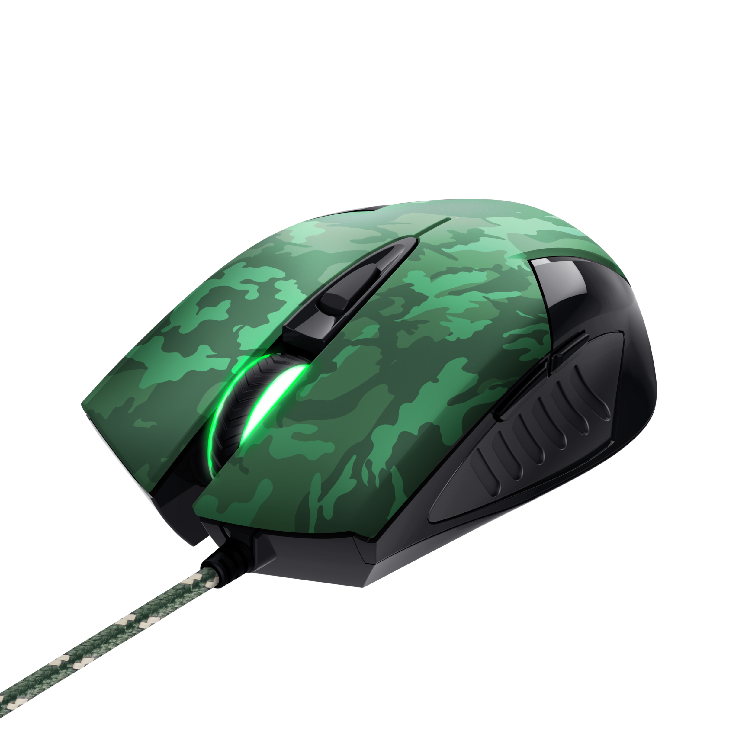 Un mouse da gioco mimetico verde, illuminato con luci verdi.