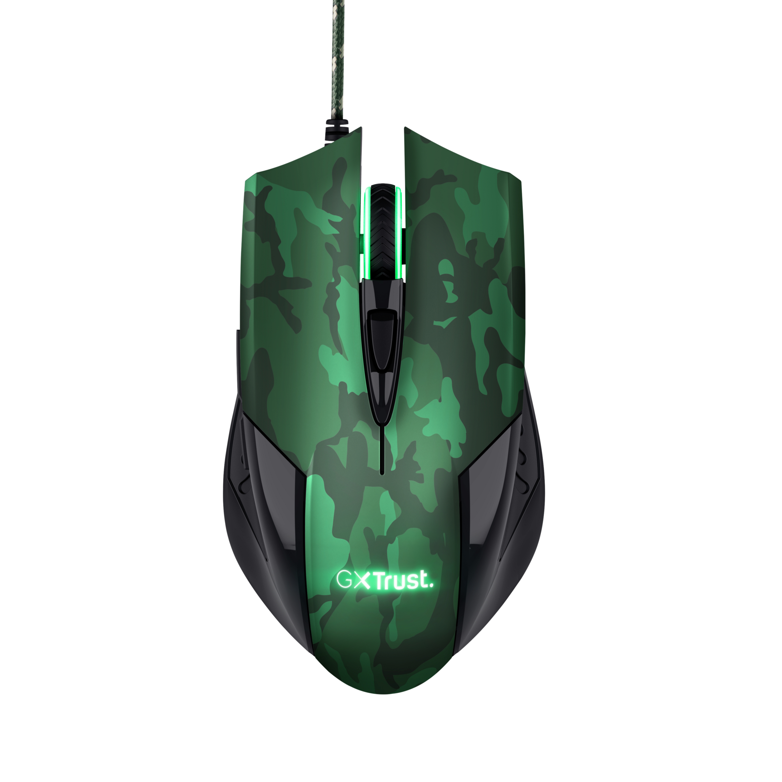 Mouse da gioco mimetico verde con dettagli neri e la scritta 'GXTrust'.