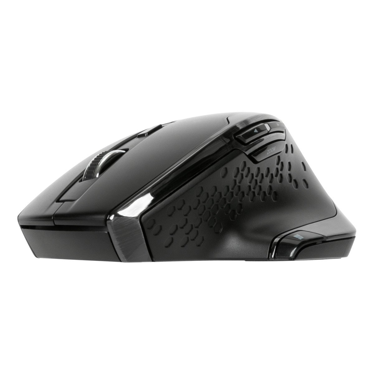 Schwarze Gaming-Maus mit strukturierter Seite und Wabenmuster.