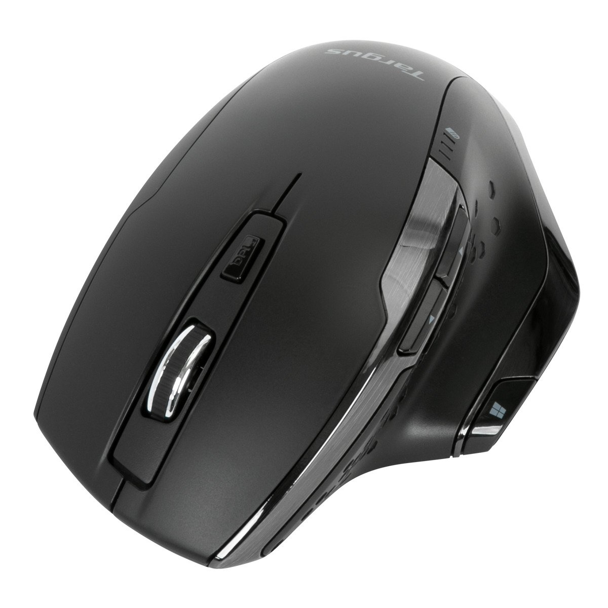 Schwarze ergonomische Maus mit mehreren Tasten, einem Scrollrad und einer DPI-Taste. Weißer Hintergrund.