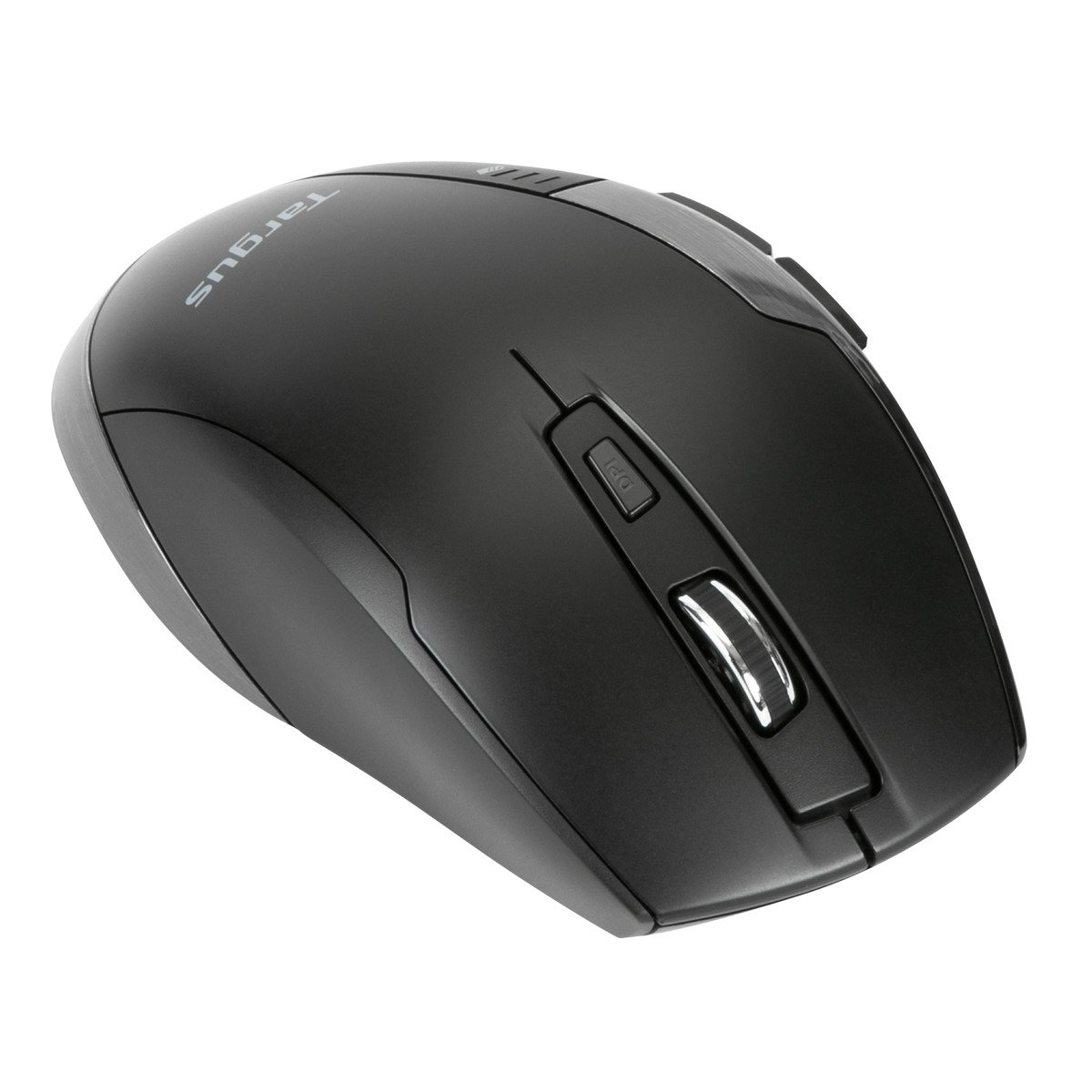 Schwarze kabellose Maus von Targus, mit Scrollrad, DPI-Taste und einem schlanken Design.