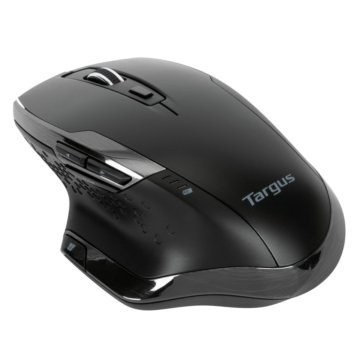 Schwarze ergonomische Maus. Targus-Logo sichtbar. Metallische Akzente. Seitentasten.