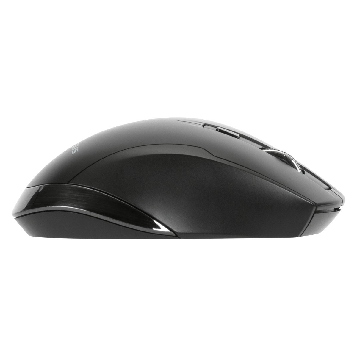 Schwarze Computermaus mit glattem Design, Seitentasten und silbernem Scrollrad. Sie hat eine glänzende Oberfläche.