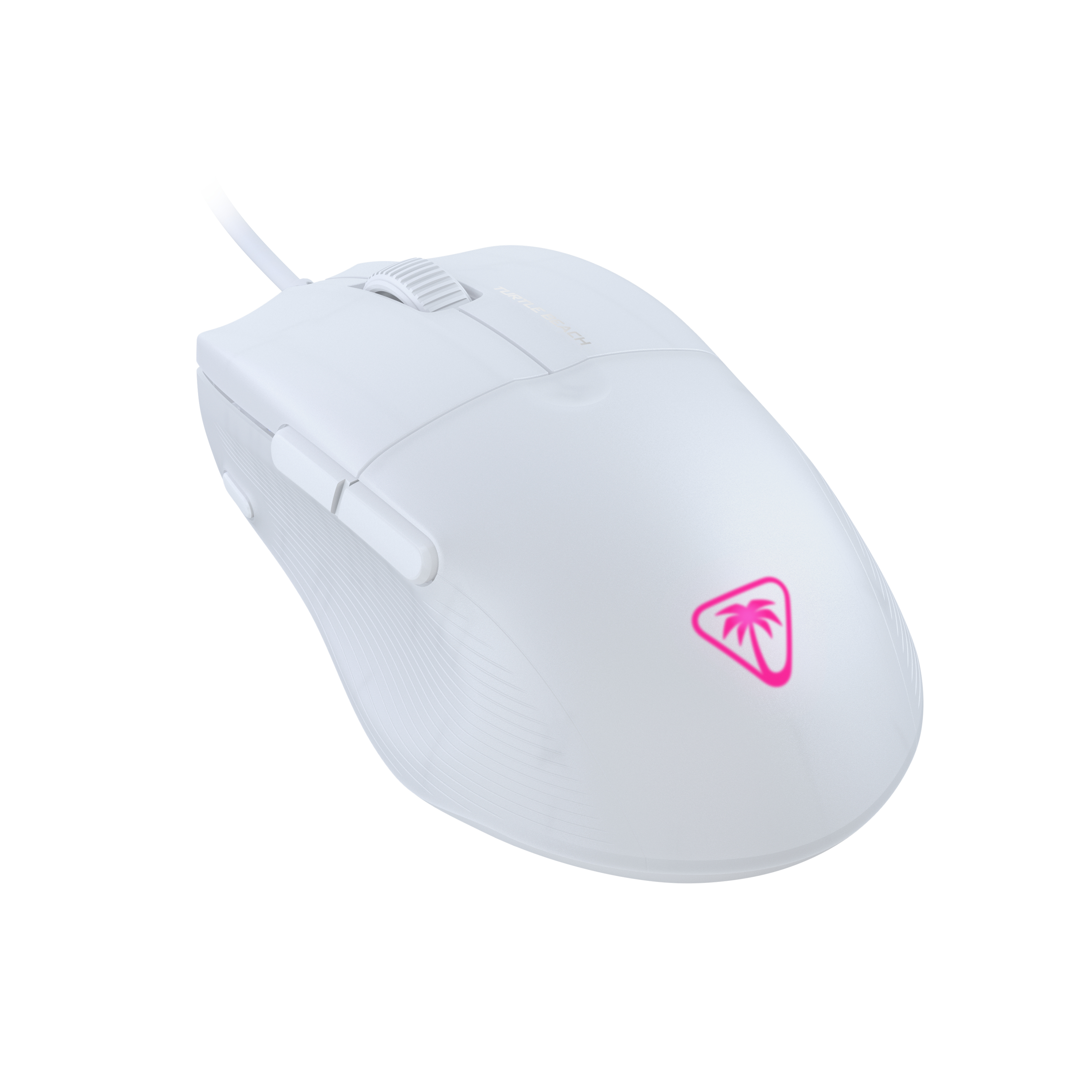 Weiße Gaming-Maus mit pinkfarbenem Palmenlogo. Ein weißes Kabel ist befestigt.