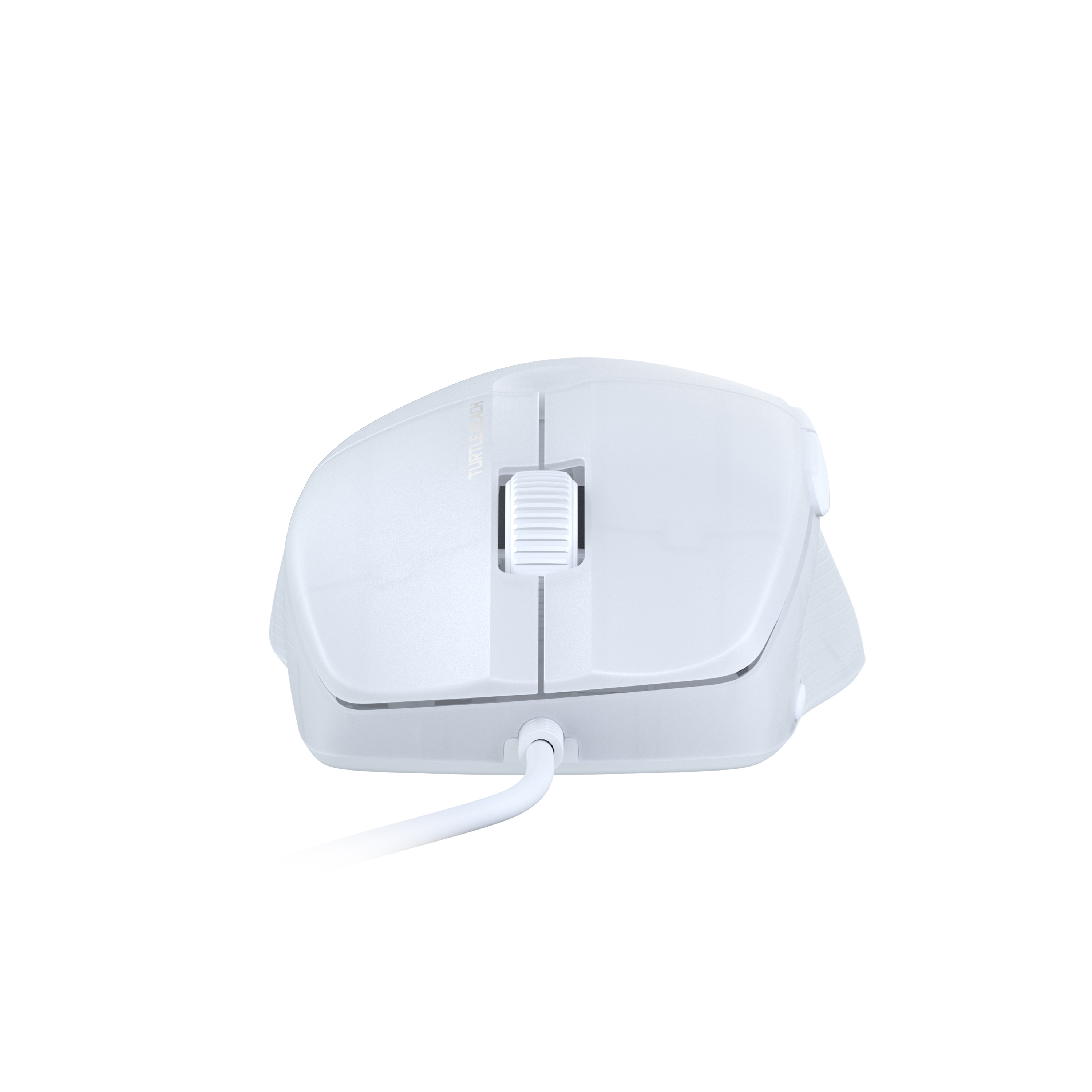 Eine weiße Computermaus mit Kabel. Die Maus befindet sich auf weißem Hintergrund.