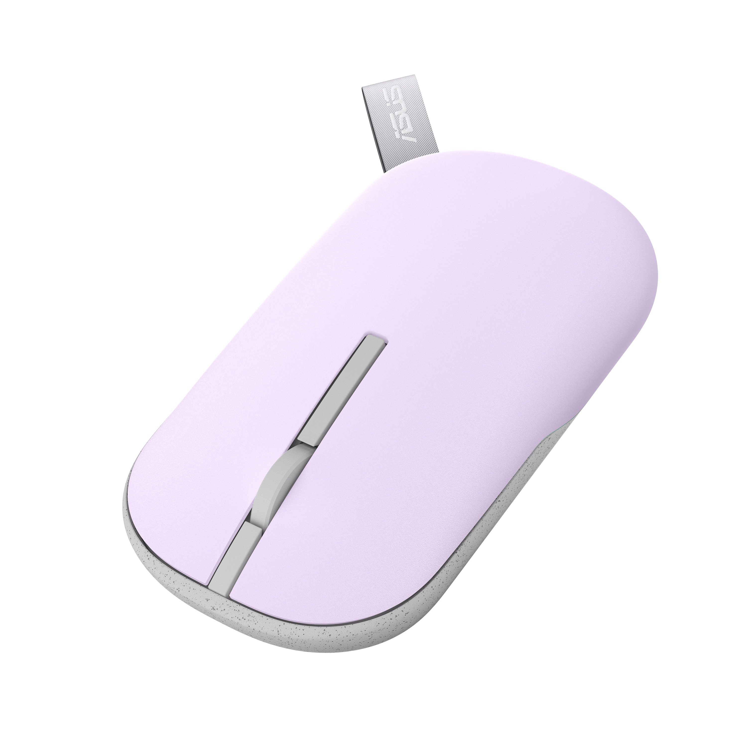 Jasnofioletowa mysz komputerowa ASUS ze srebrnym kółkiem przewijania i kluczem USB.