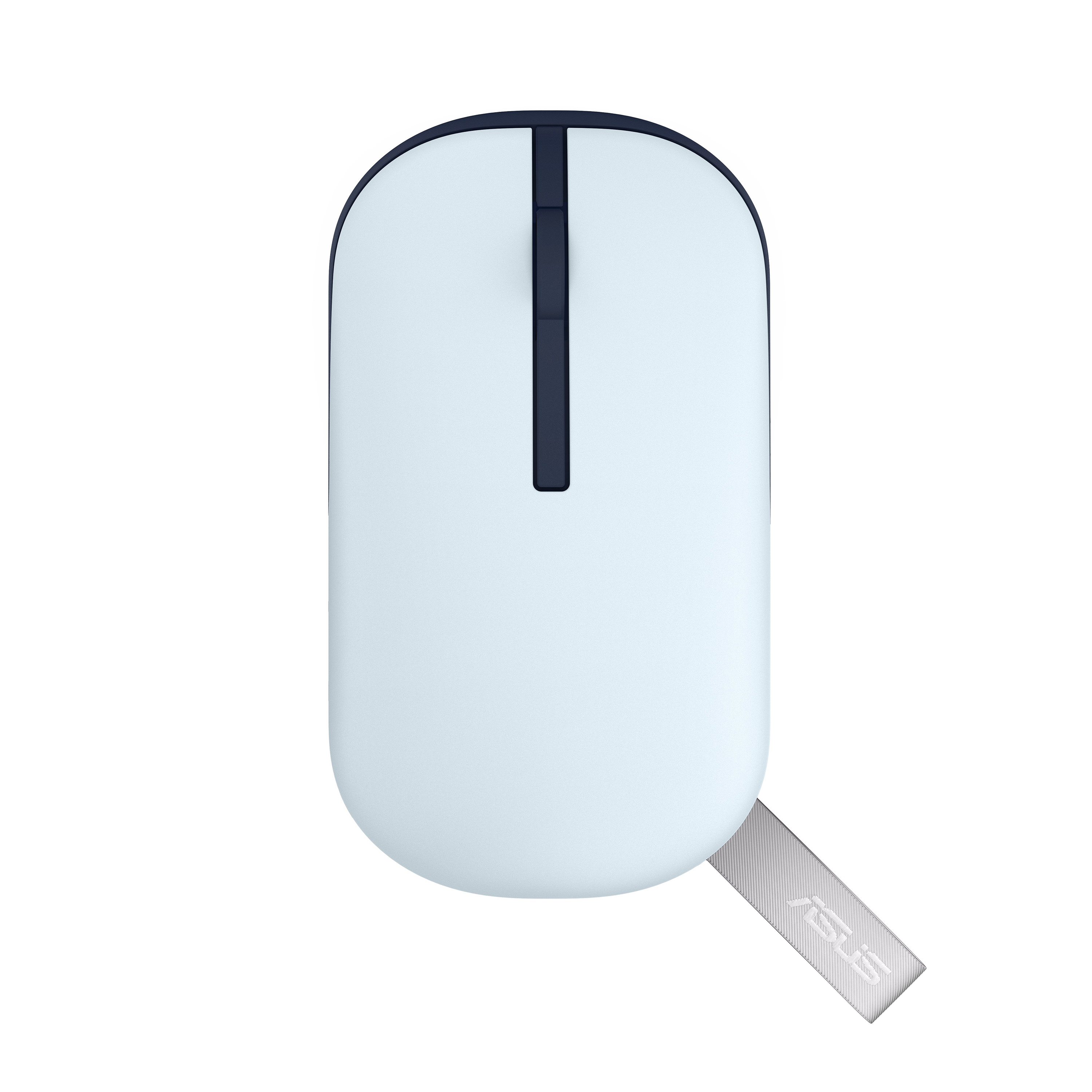Jasnoniebieska i ciemnoniebieska mysz z etykietą z logo ASUS, izolowana.