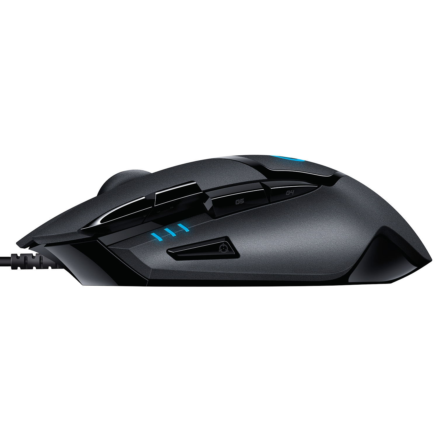 Ratón gaming negro con luces azules y botones laterales. Fondo blanco.