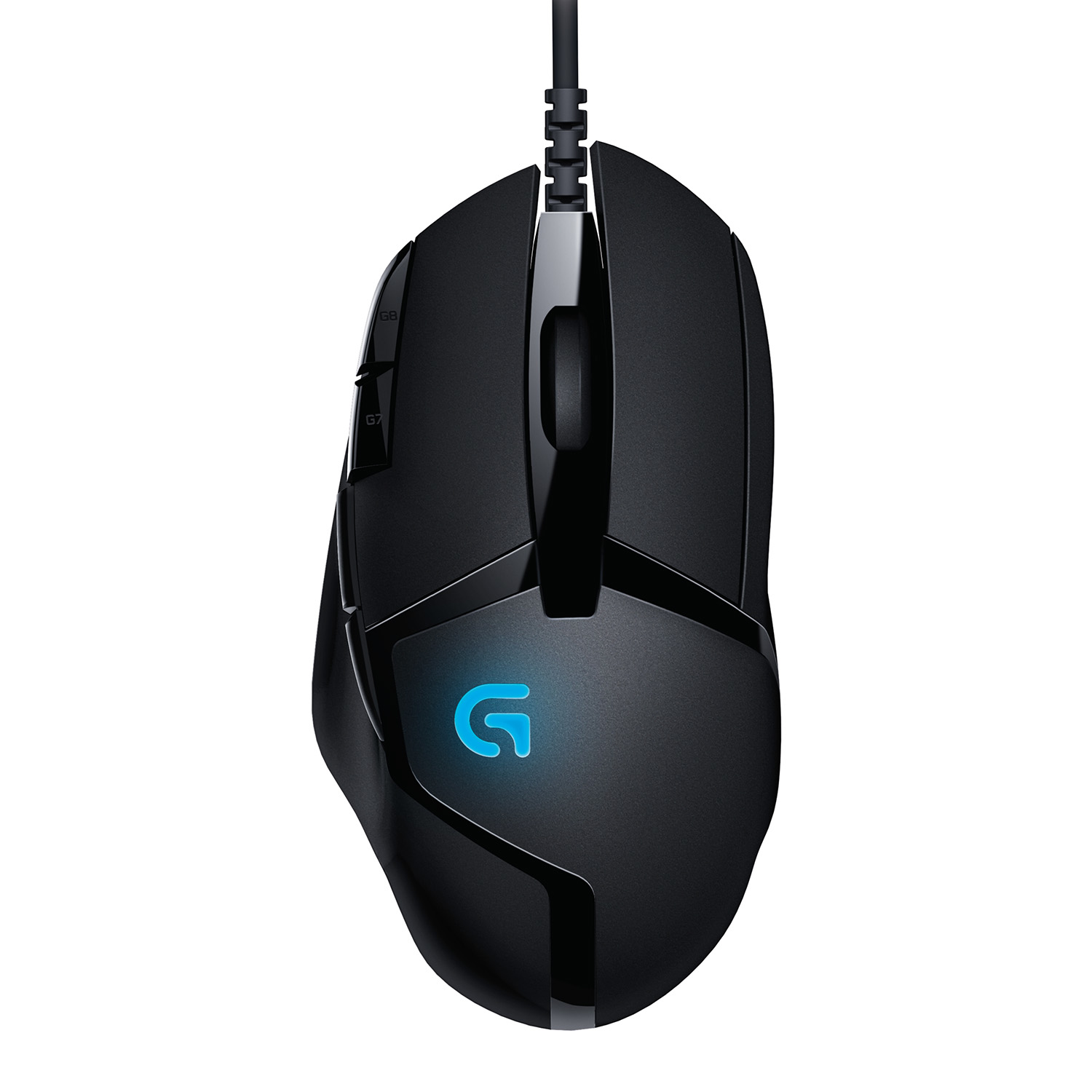 Ratón gaming negro. Botones laterales y superiores. Logo 'G' iluminado.