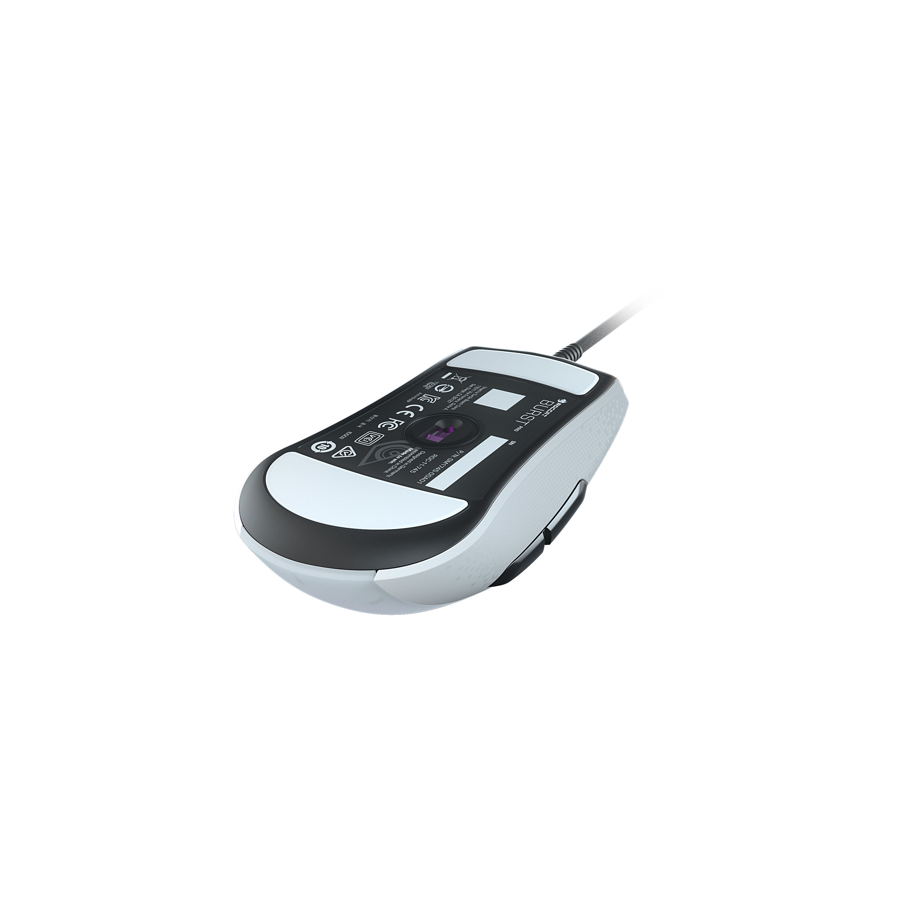 Vista inferiore di un mouse bianco e nero con cavo.
