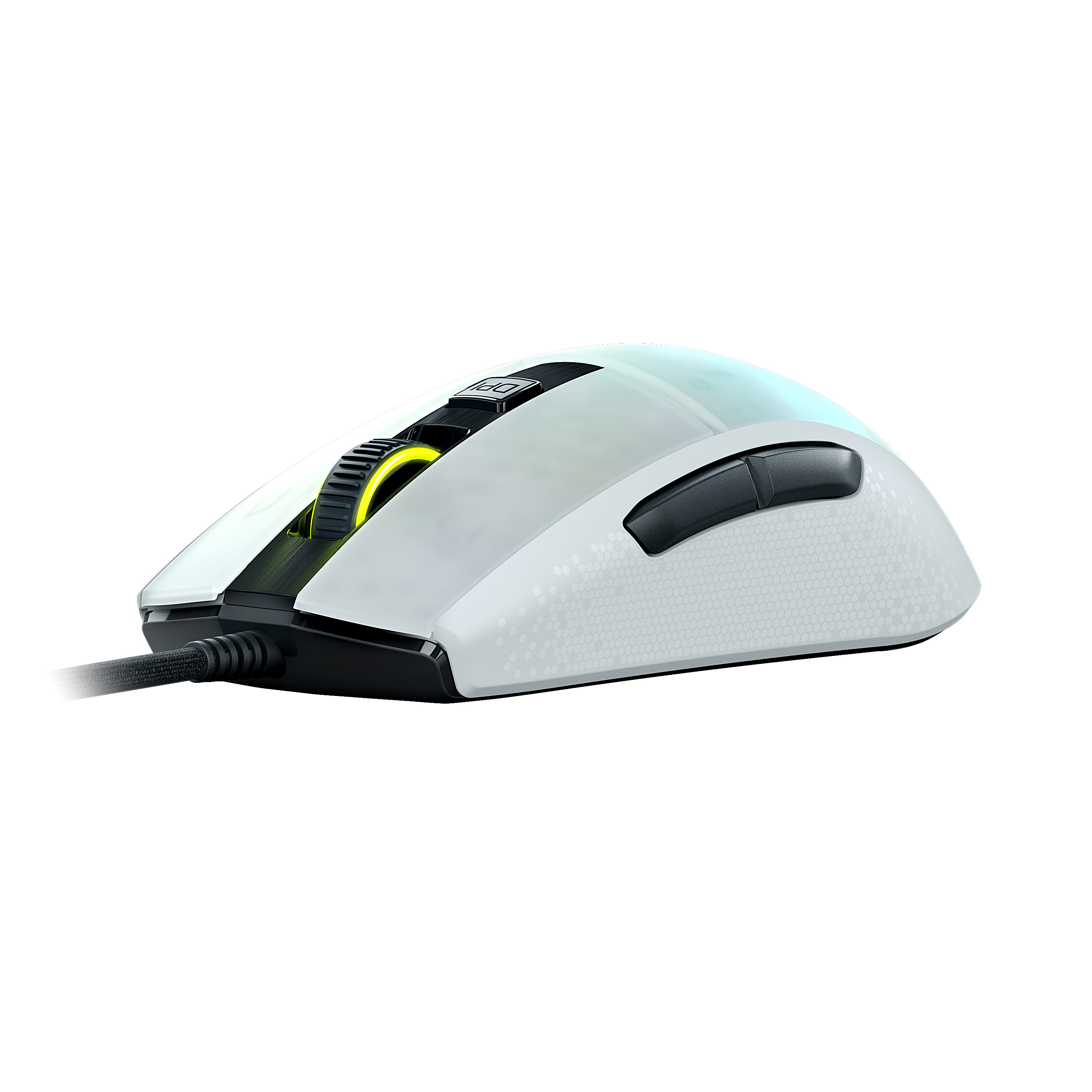 Mouse da gioco bianco con dettagli neri. Luce gialla sulla rotella.