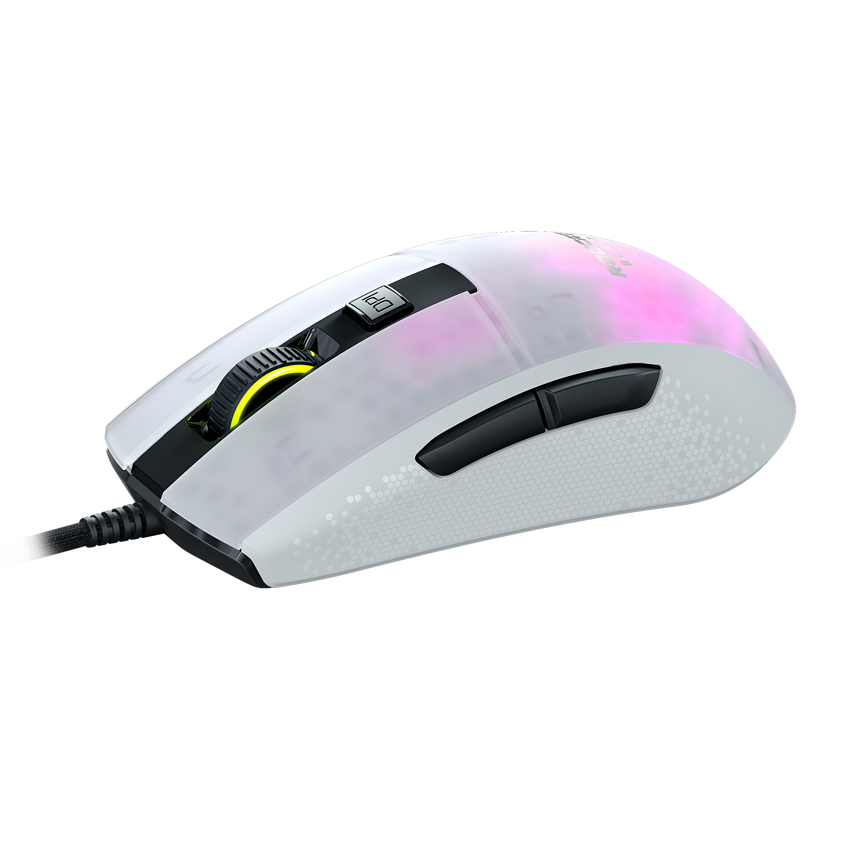Mouse da gioco bianco con luci, vista laterale e cavo nero.