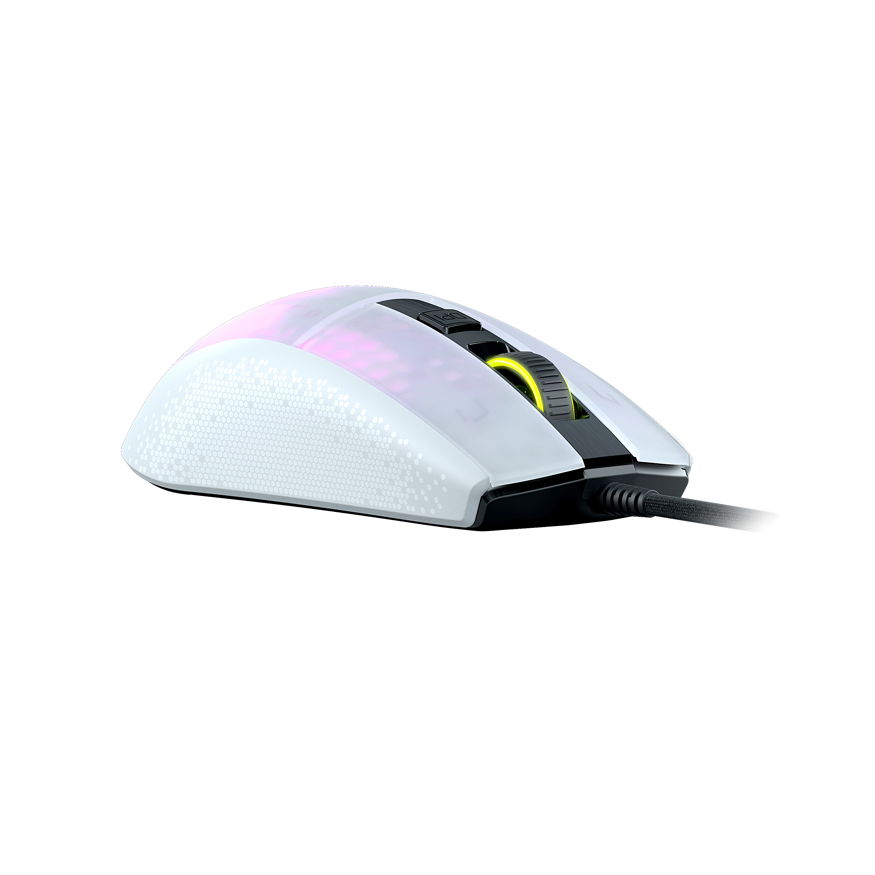 Mouse da gaming bianco. Rotella di scorrimento nera con dettagli gialli. Cavo nero.