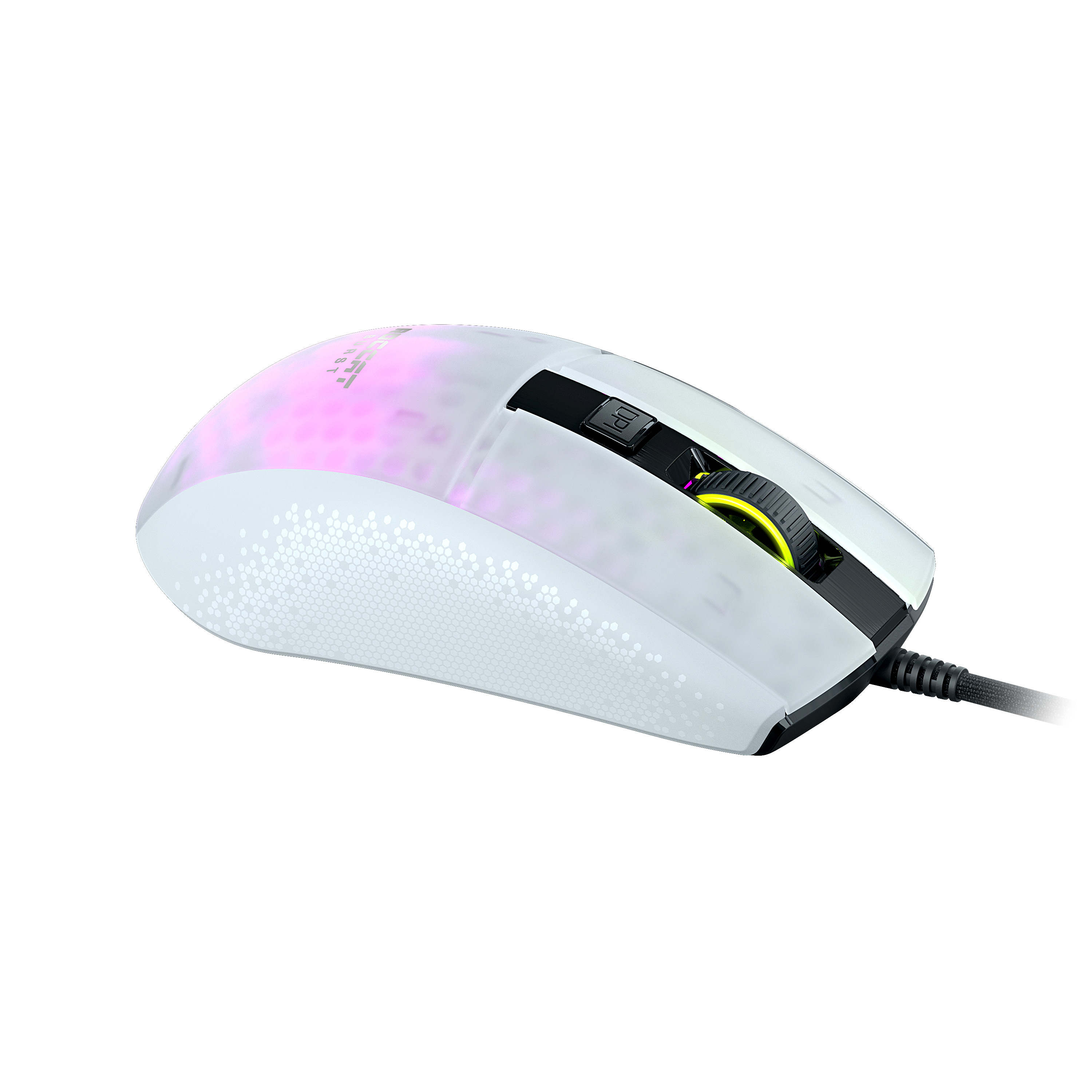 Mouse da gaming bianco con motivo a nido d'ape, illuminazione RGB e cavo nero.