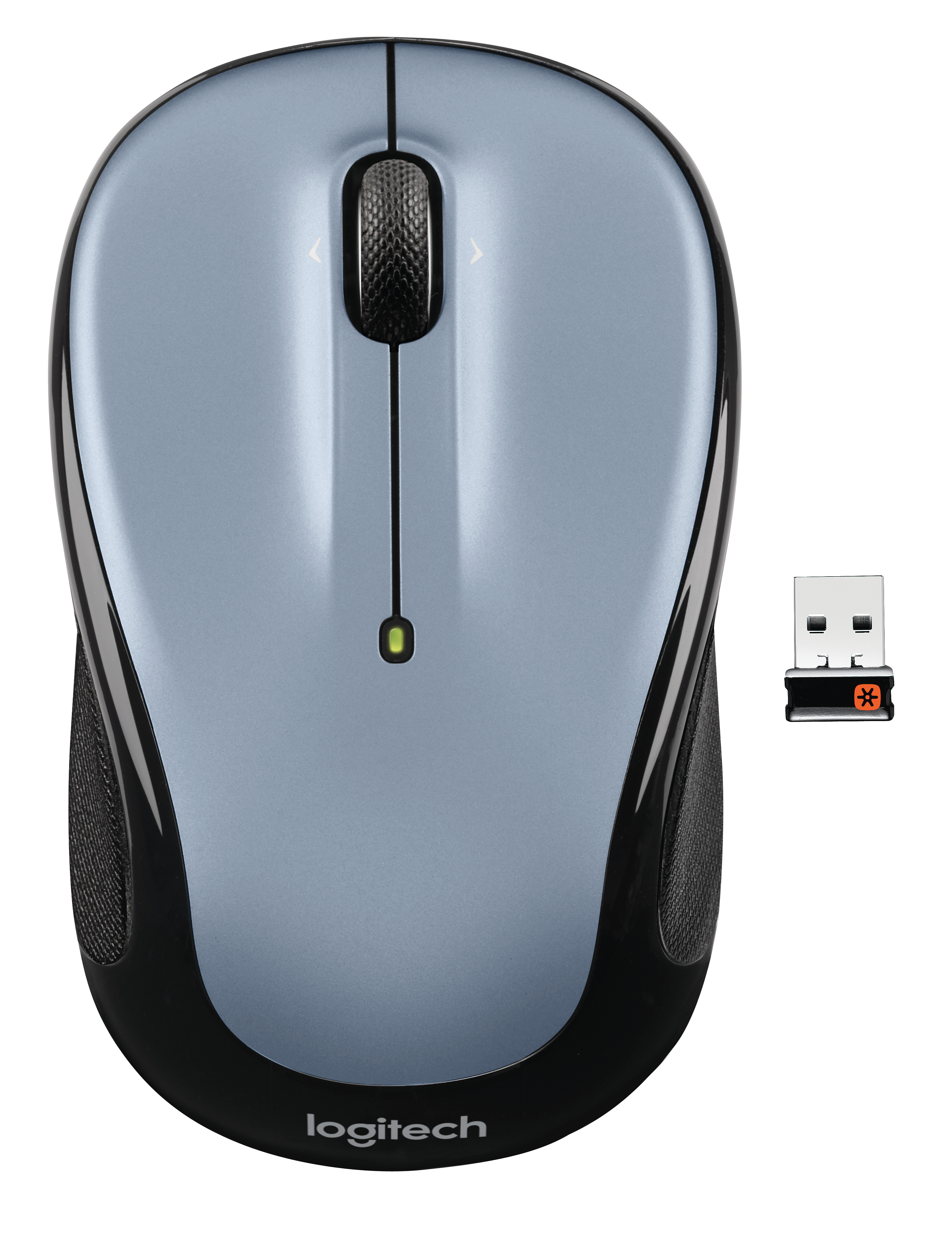 Vista dall'alto di un mouse wireless Logitech blu e nero con ricevitore USB nero. Sfondo bianco.