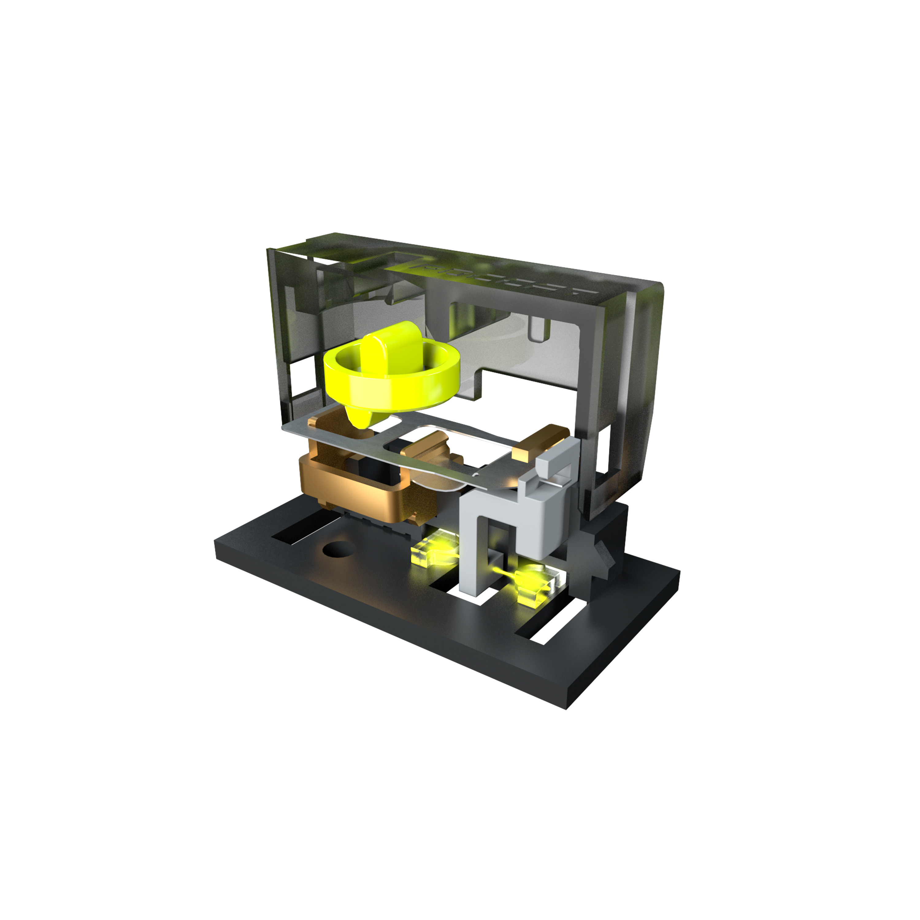 Komponent elektryczny z przezroczystą osłoną oraz żółtymi i złotymi detalami.