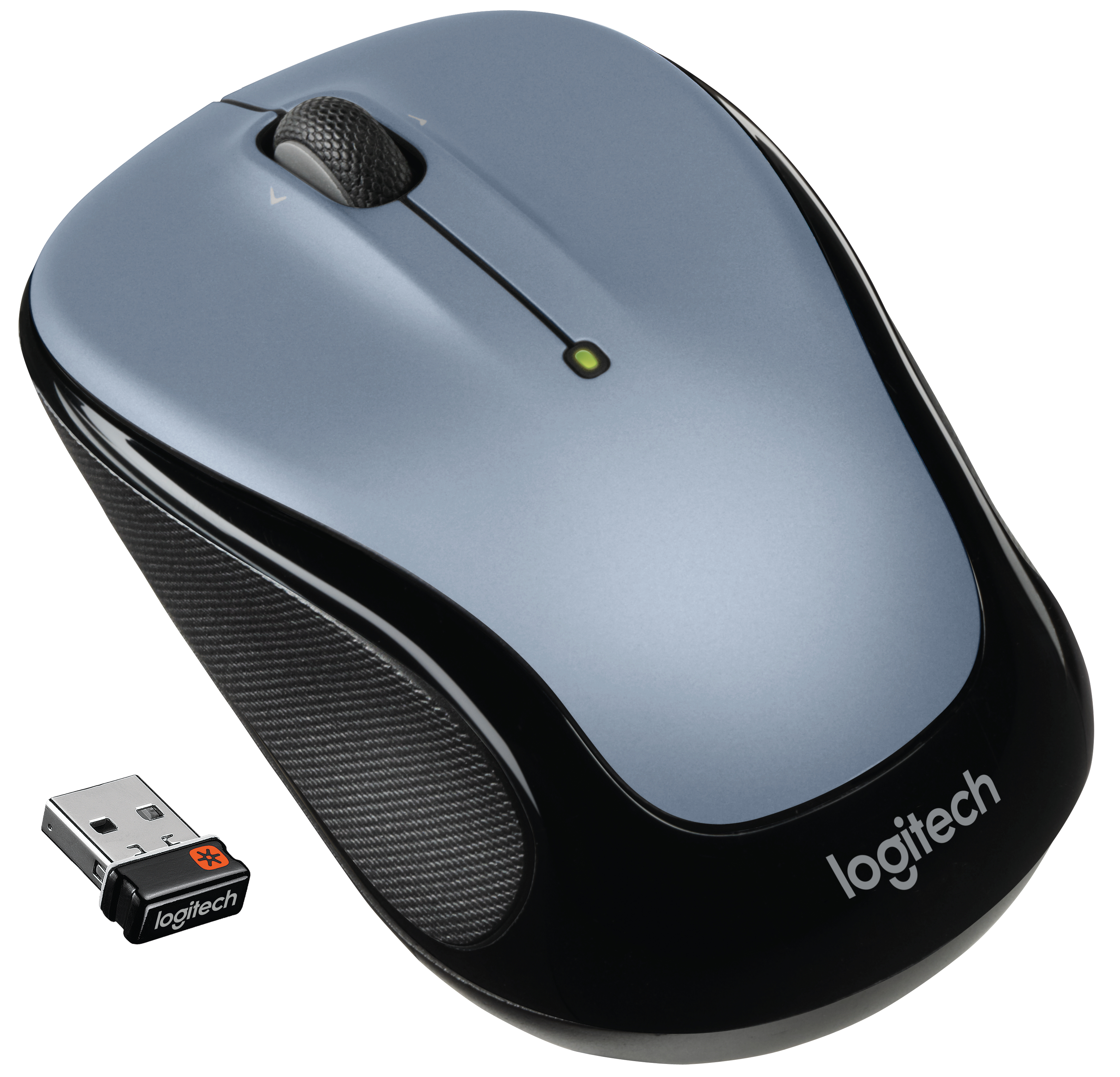 Mouse wireless Logitech. Blu e nero, con rotella di scorrimento e ricevitore USB.