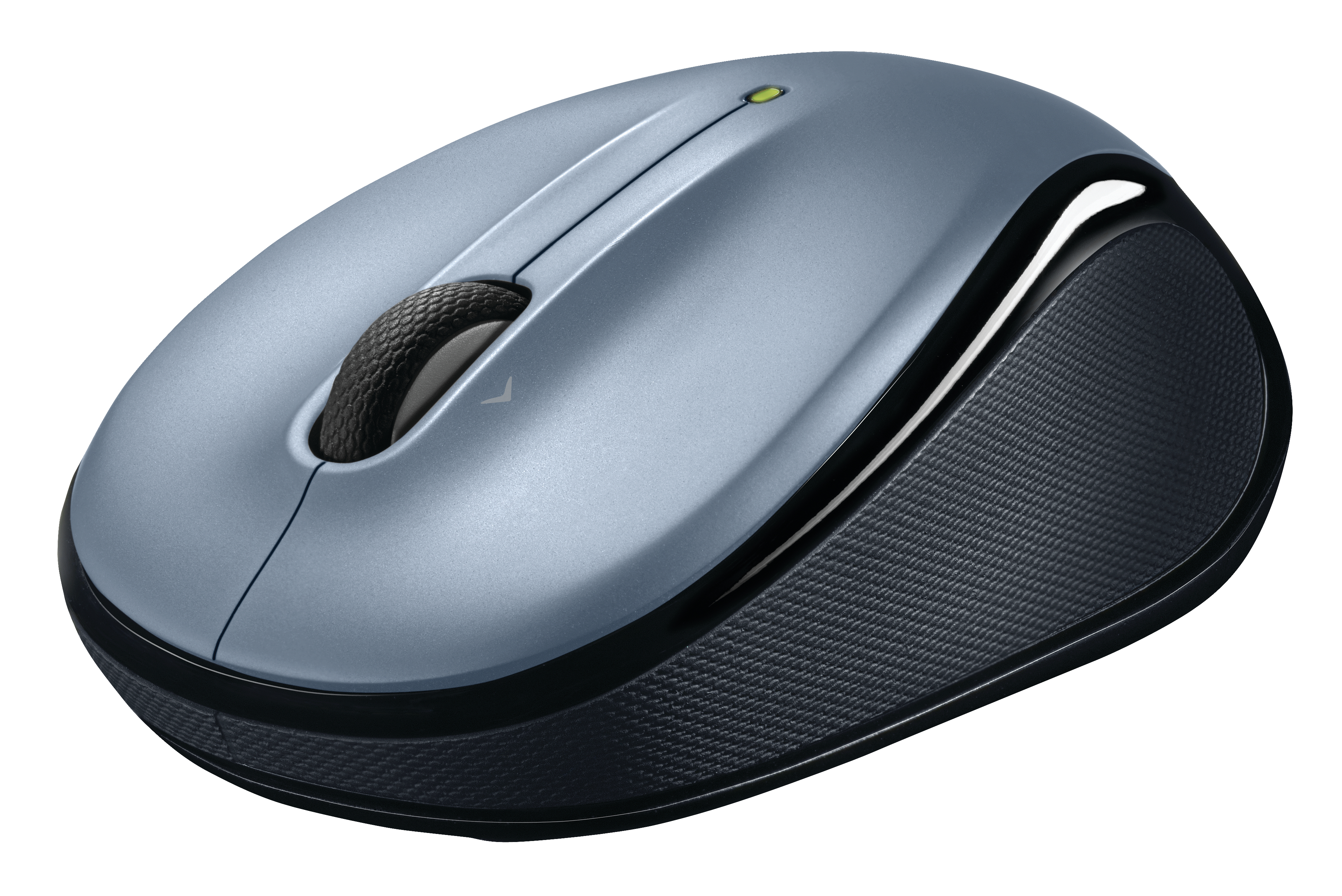 Mouse wireless blu-grigio. Impugnature laterali nere testurizzate, rotella. Vista dall'alto.