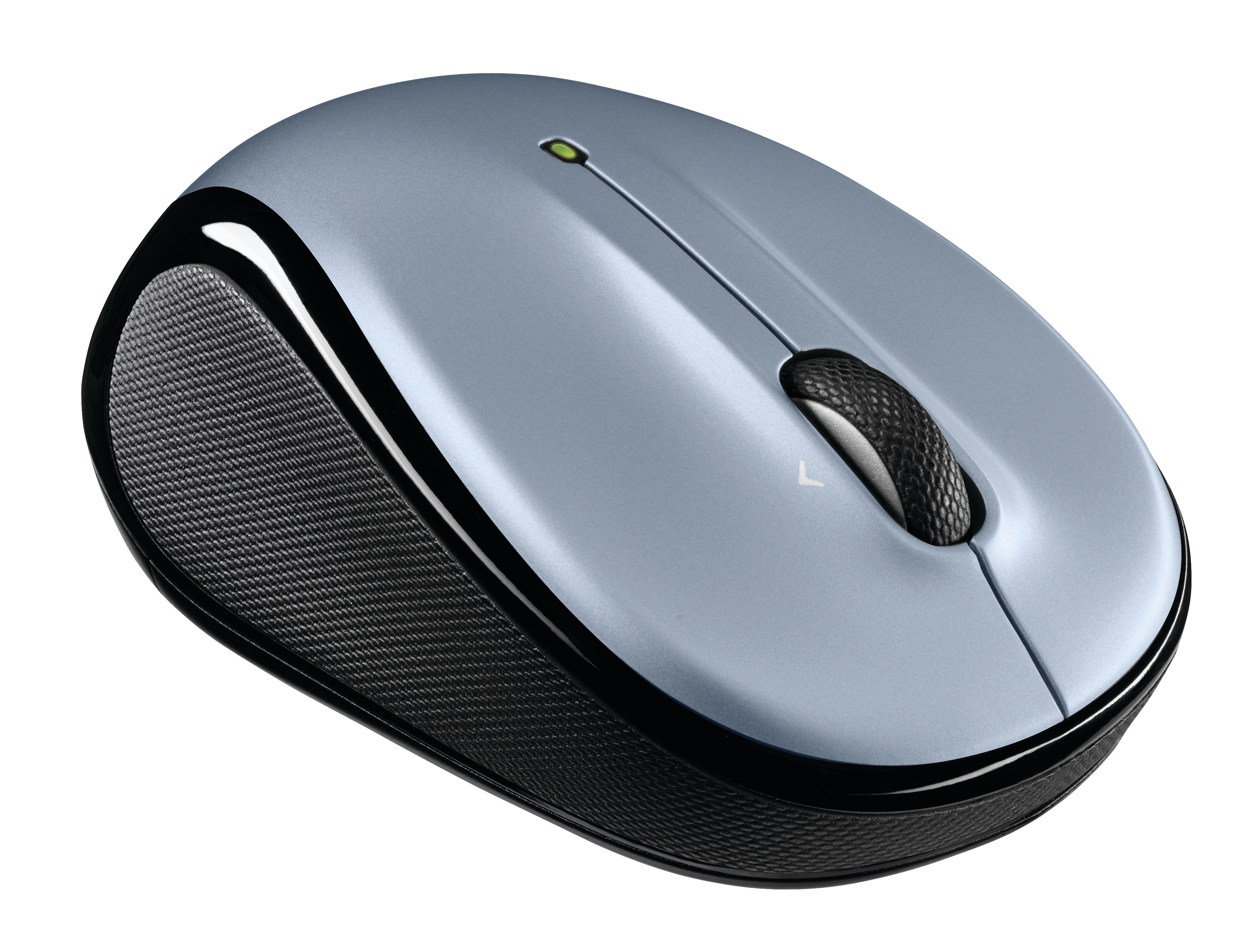 Un mouse blu con finiture nere e rotella di scorrimento, su sfondo bianco. Il mouse è angolato.